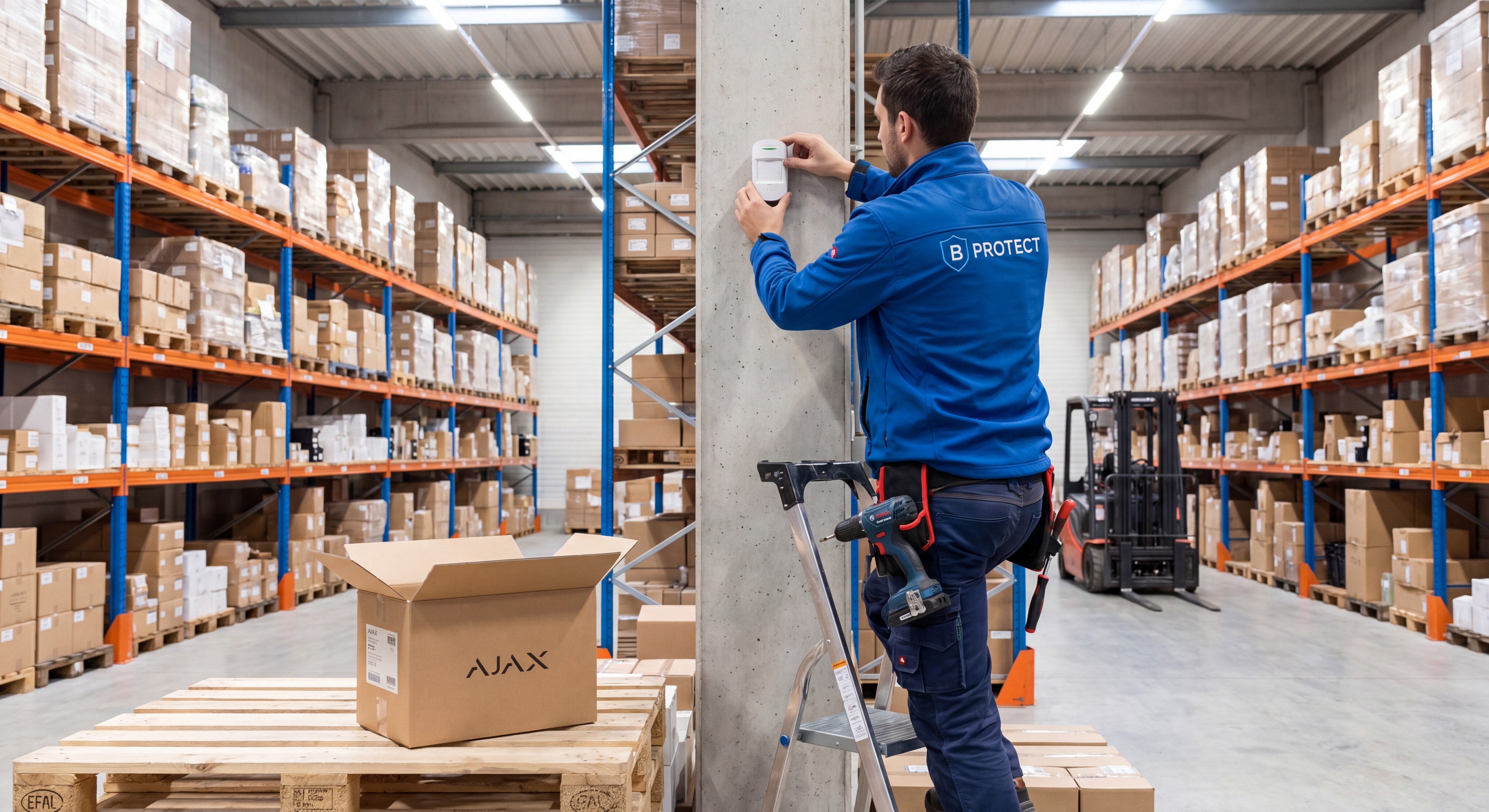 Technicien B PROTECT installant un détecteur Ajax dans un entrepôt logistique à Bourg-en-Bresse — vue terrain réelle, matériel visible