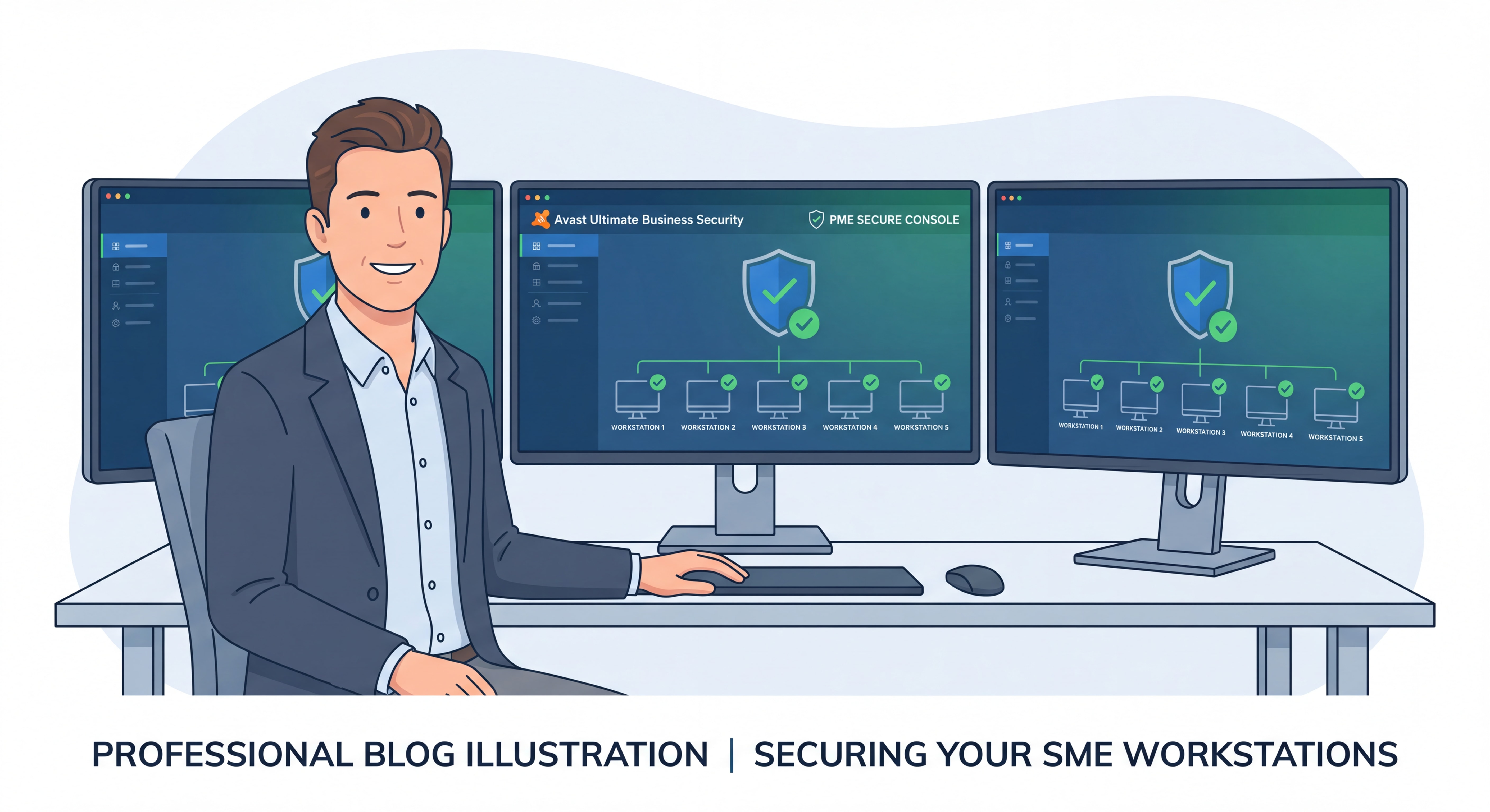 Dirigeant de PME sécurisant ses postes de travail avec Avast Ultimate Business Security sur une console de gestion centralisée
