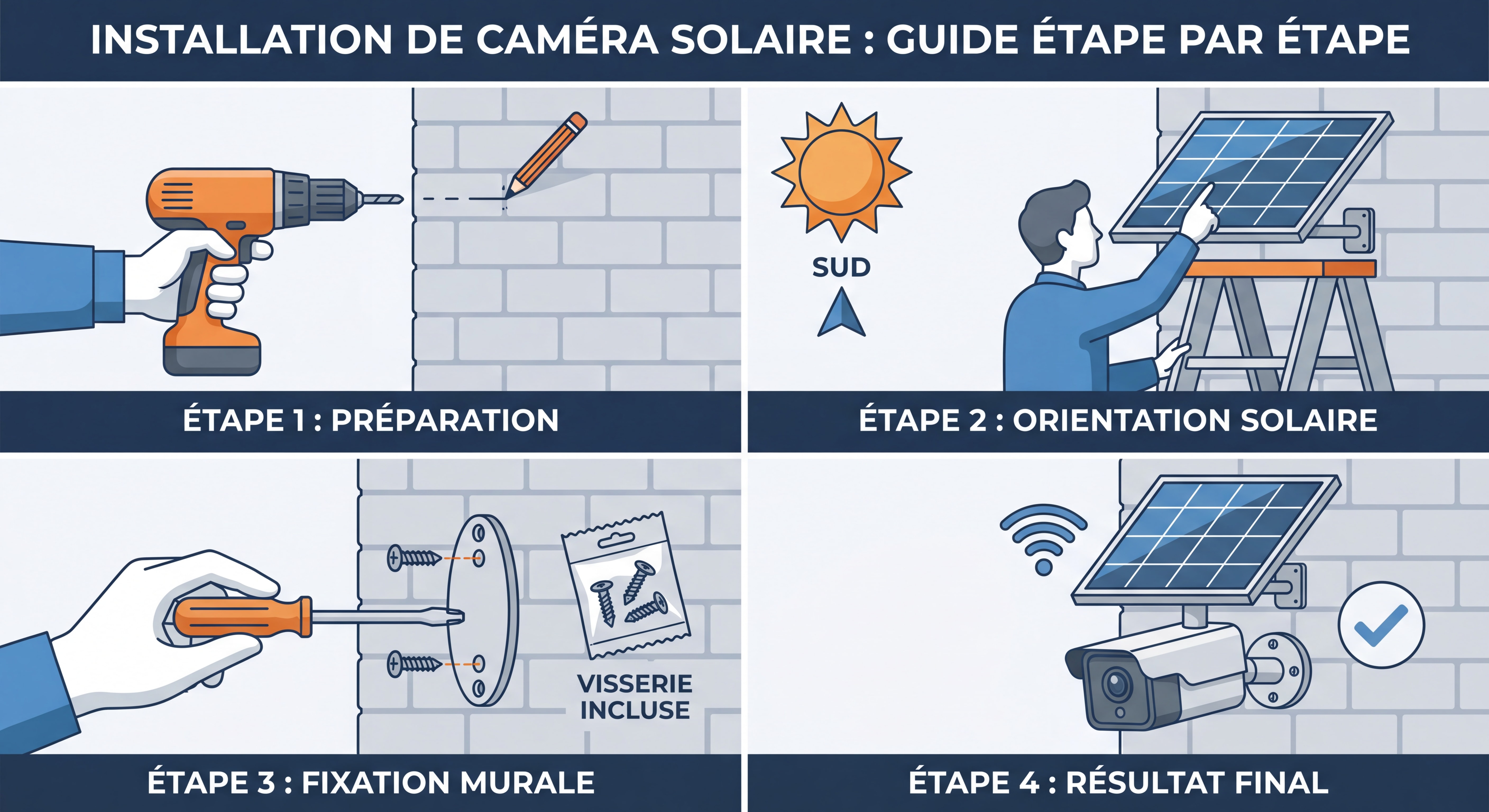 Installation étape par étape d'une caméra solaire sur mur extérieur, orientation panneau solaire plein sud, fixation avec visserie fournie