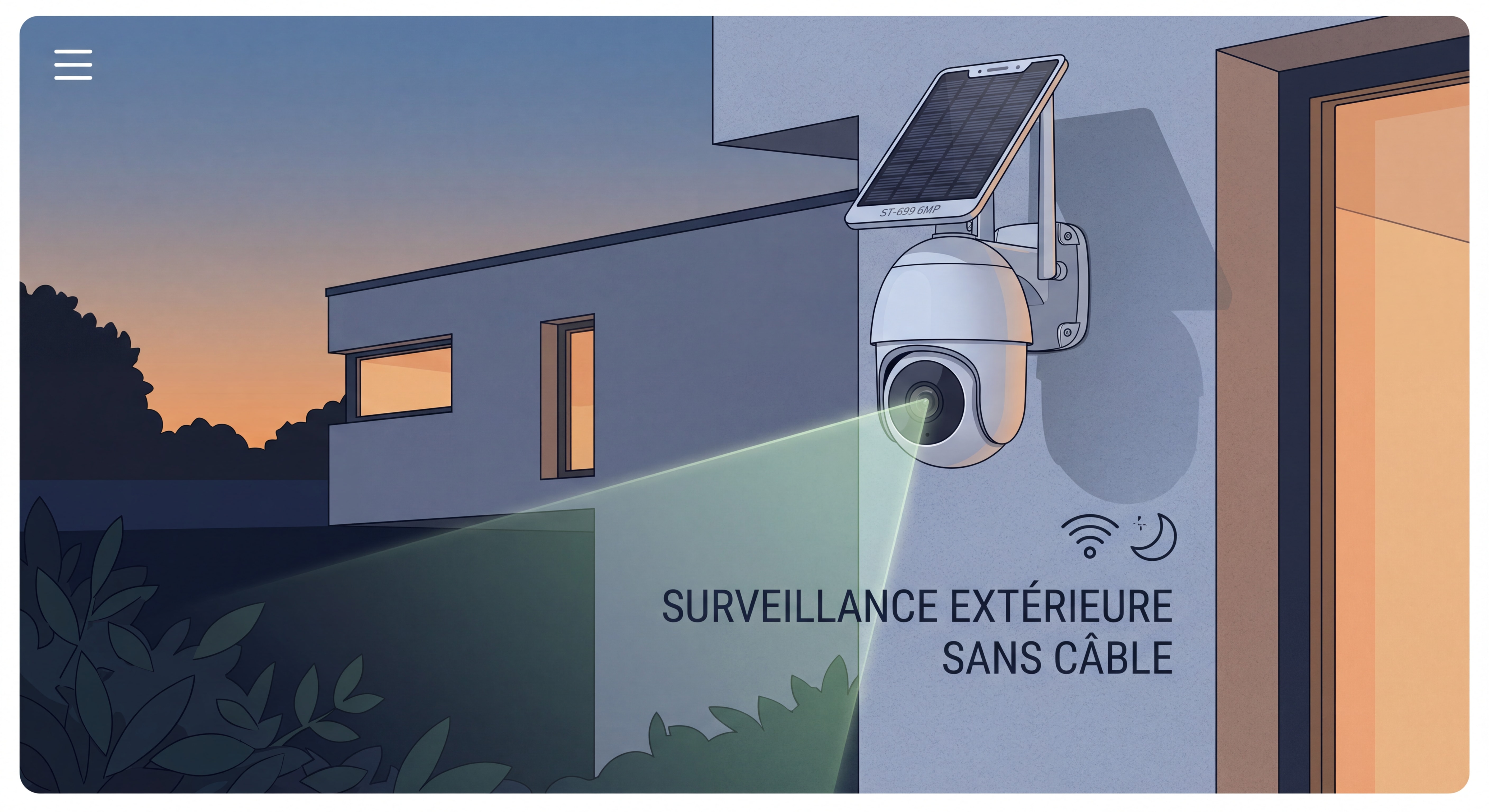 Caméra solaire PTZ ST-699 6MP installée sur façade extérieure d'une maison, vision nocturne laser, surveillance extérieure sans câble