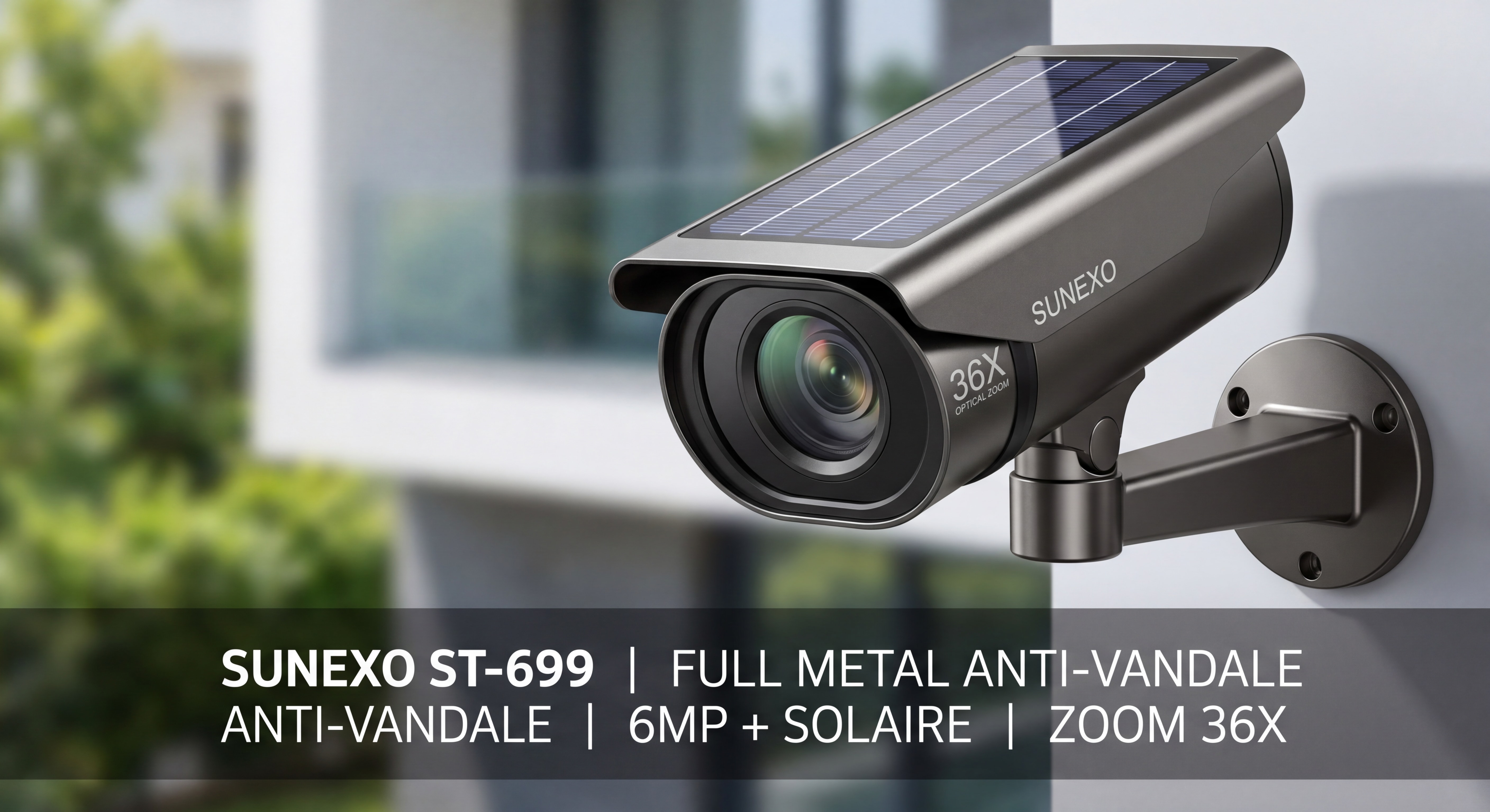 Caméra solaire ST-699 6MP Sunexo en gros plan, boîtier full métal anti-vandale, panneau solaire intégré, zoom optique 36X