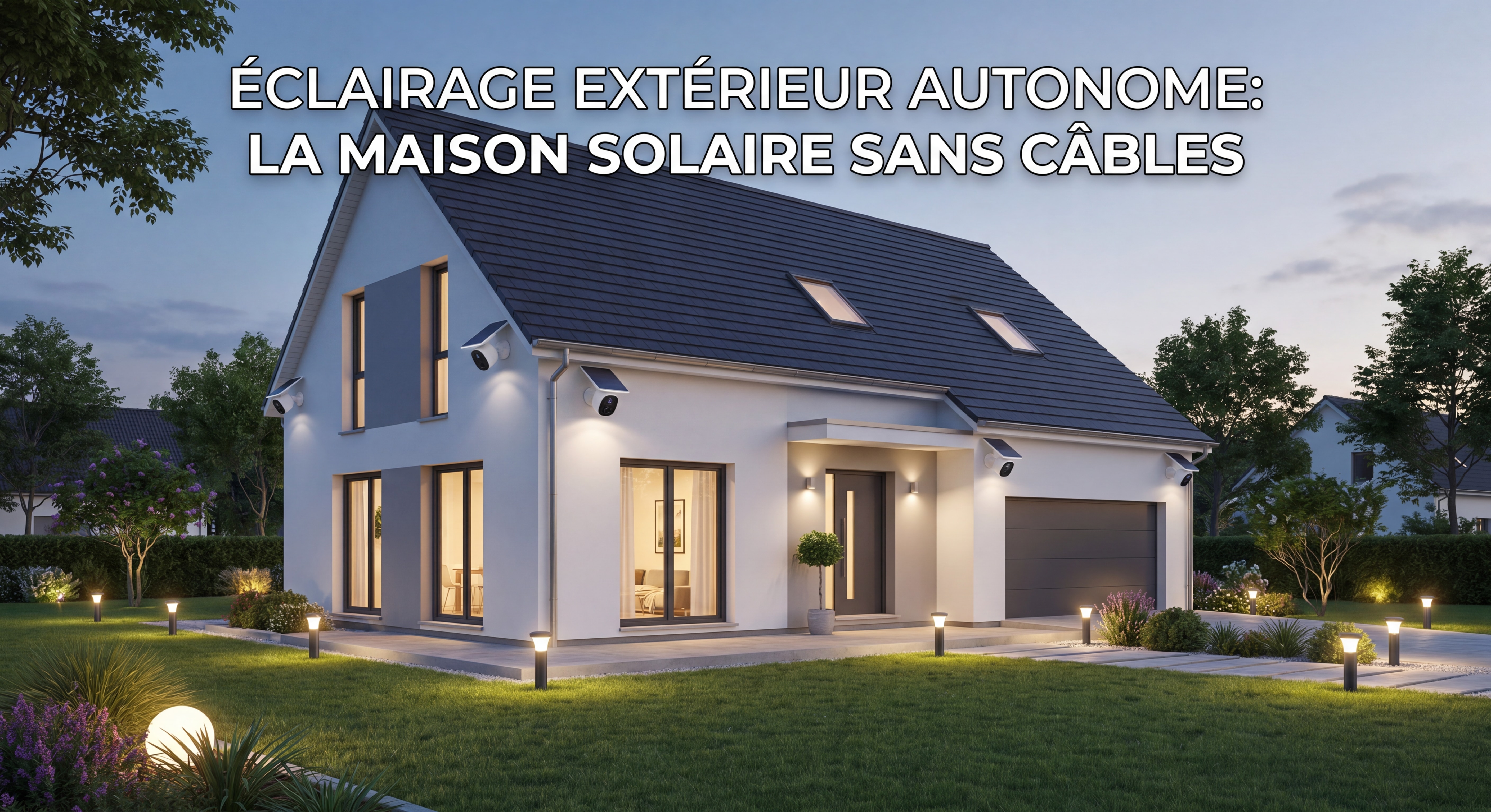 Maison individuelle française équipée de caméras solaires et lampes solaires de jardin, éclairage extérieur autonome sans câbles