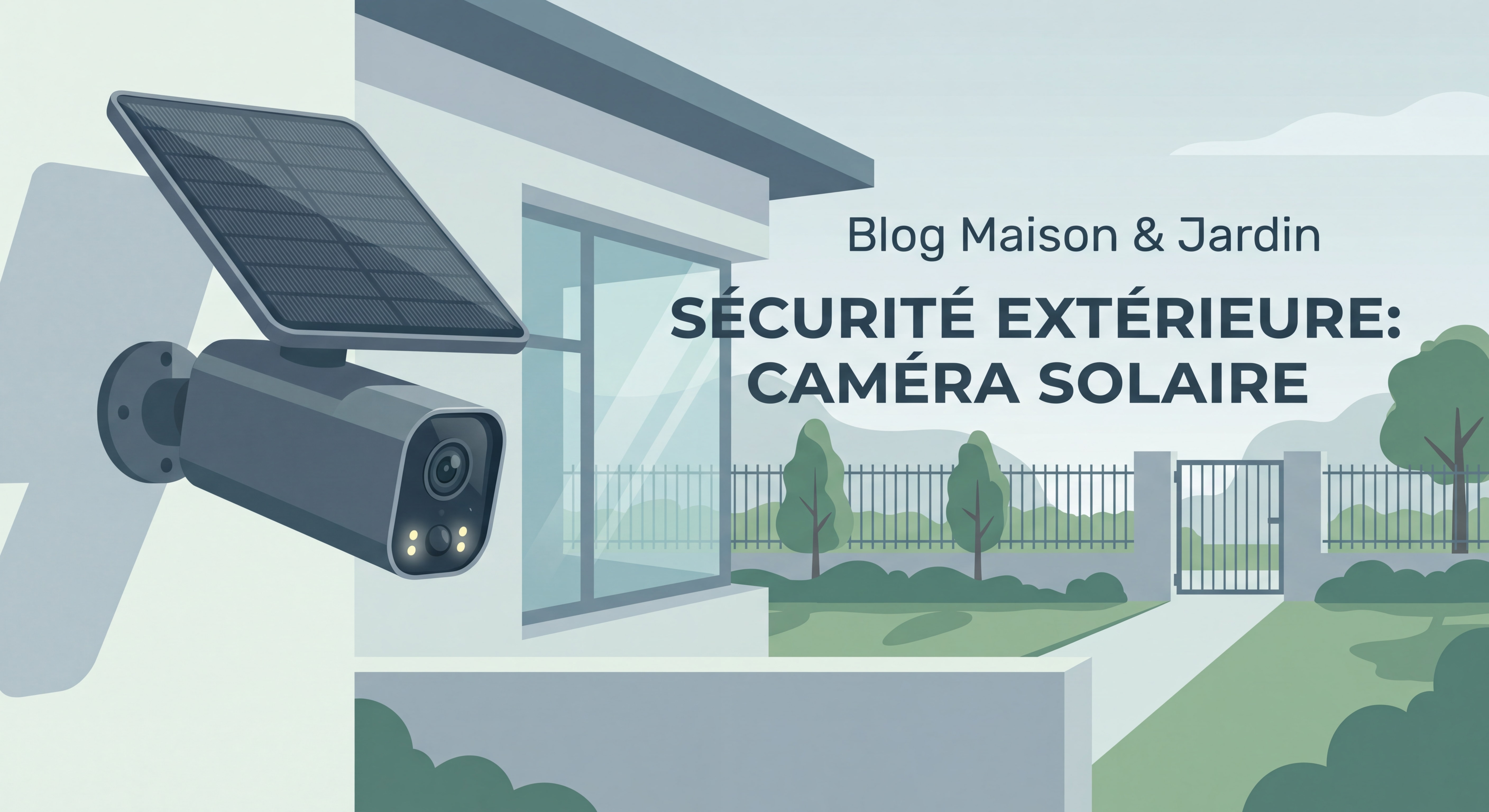 Caméra solaire extérieure installée sur façade de maison avec panneau photovoltaïque intégré, éclairage LED et jardin sécurisé en arrière-plan
