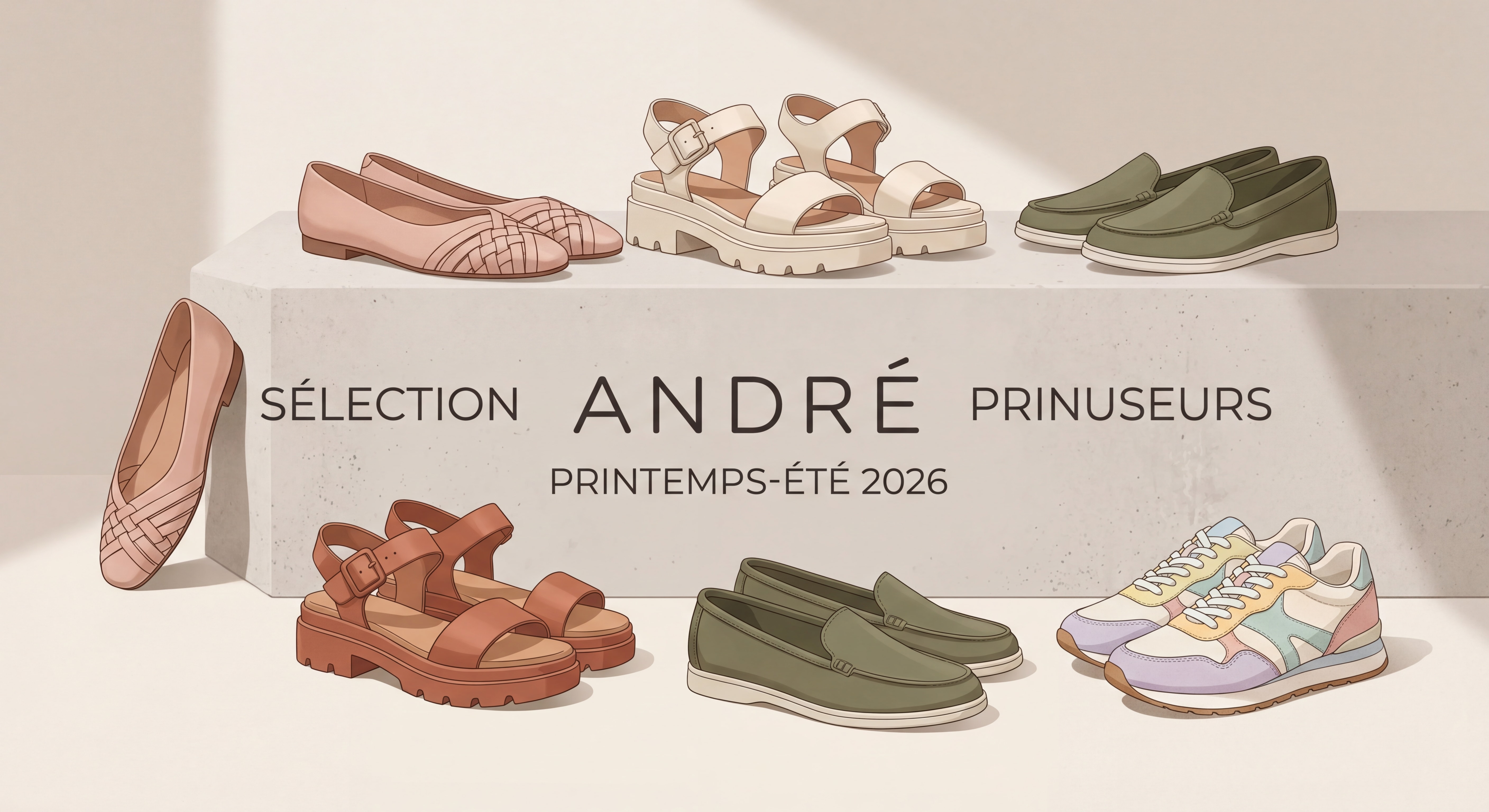 Sélection de chaussures tendance printemps-été 2026 — ballerines, sandales, mocassins et sneakers posés sur fond clair, collection André