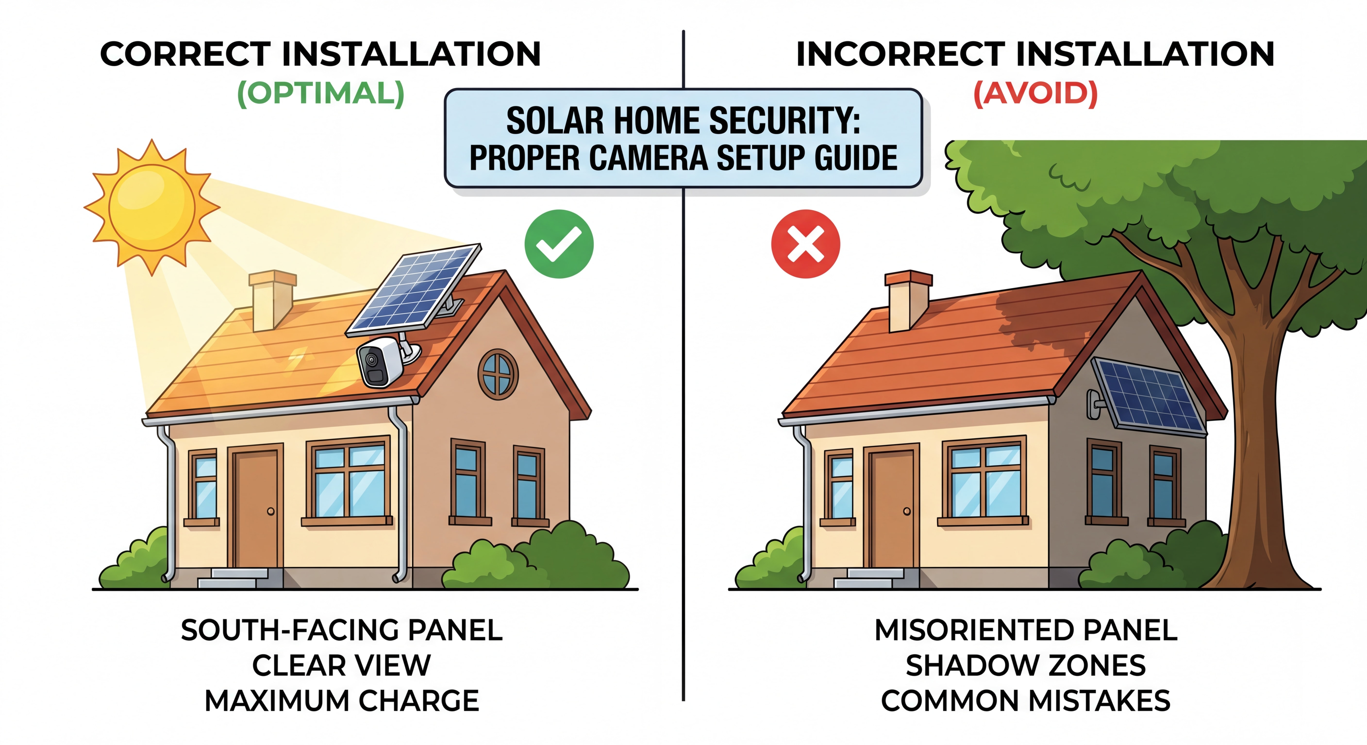 Comparaison installation caméra solaire correcte vs incorrecte - panneau mal orienté, zones d'ombre, erreurs courantes à éviter pour la sécurité maison solaire