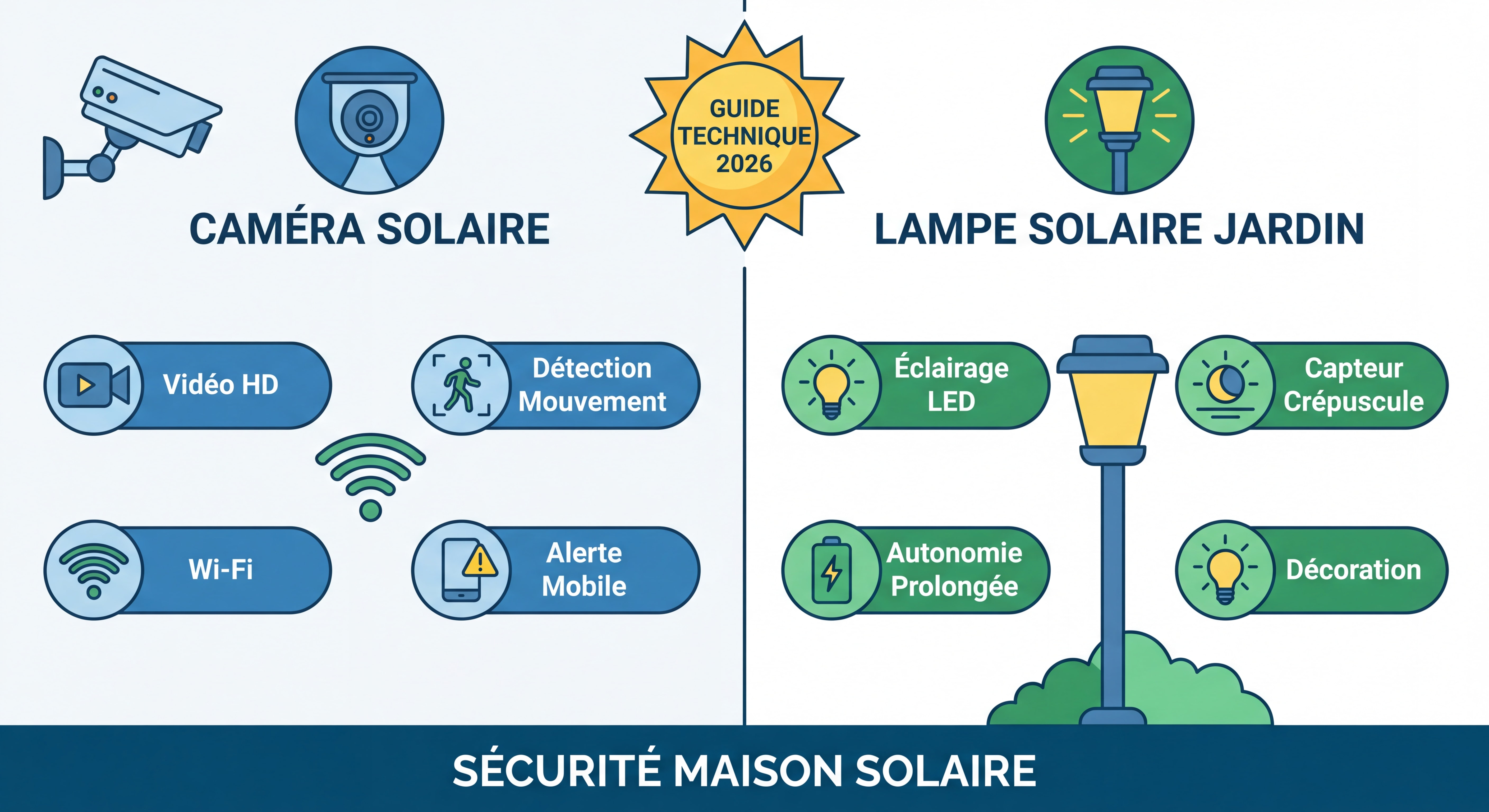 Comparatif technologique caméra solaire et lampe solaire jardin - guide technique 2026 pour sécurité maison solaire