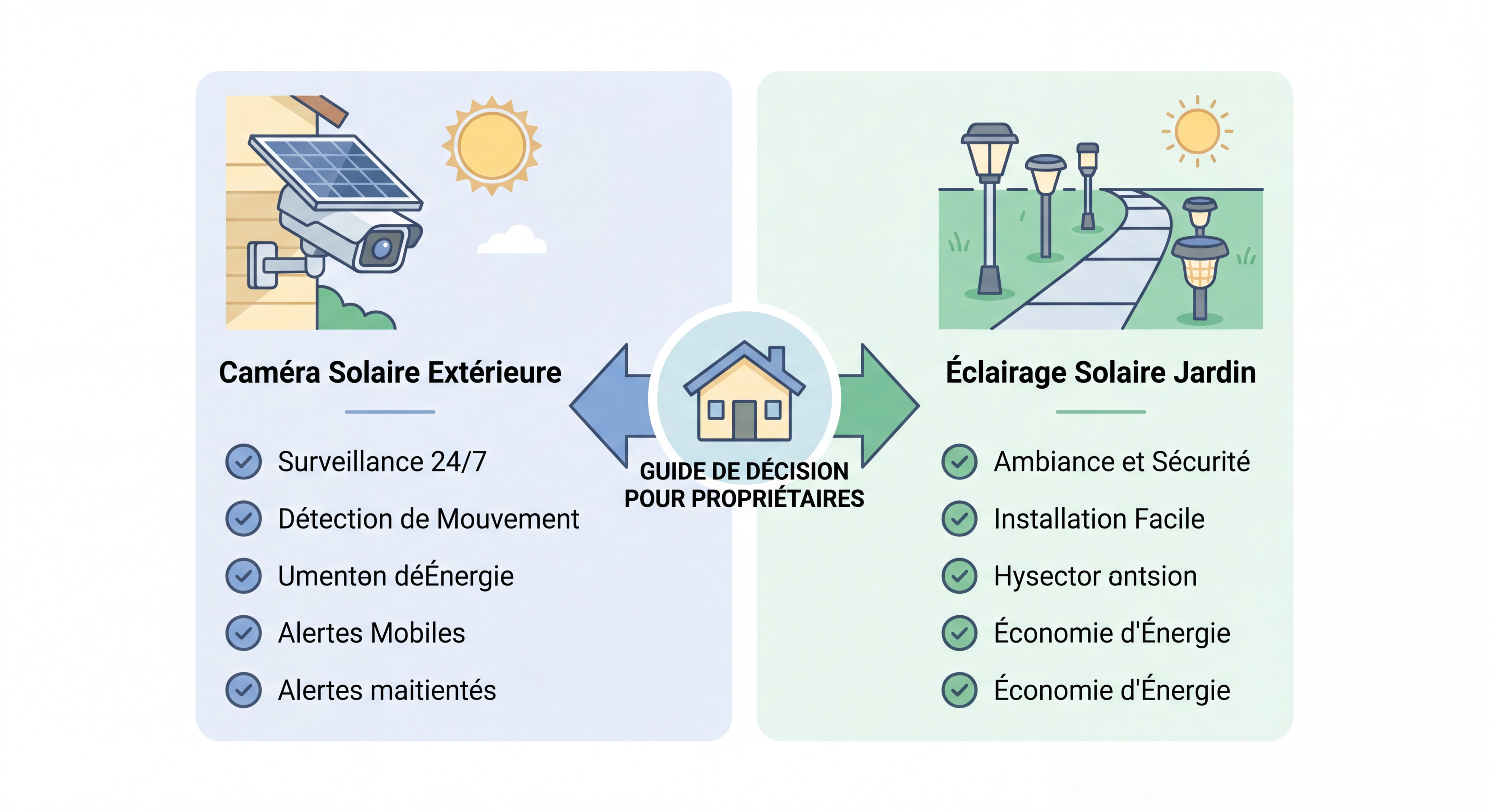 Comparatif caméra solaire extérieure vs éclairage solaire jardin - guide de décision pour propriétaires français