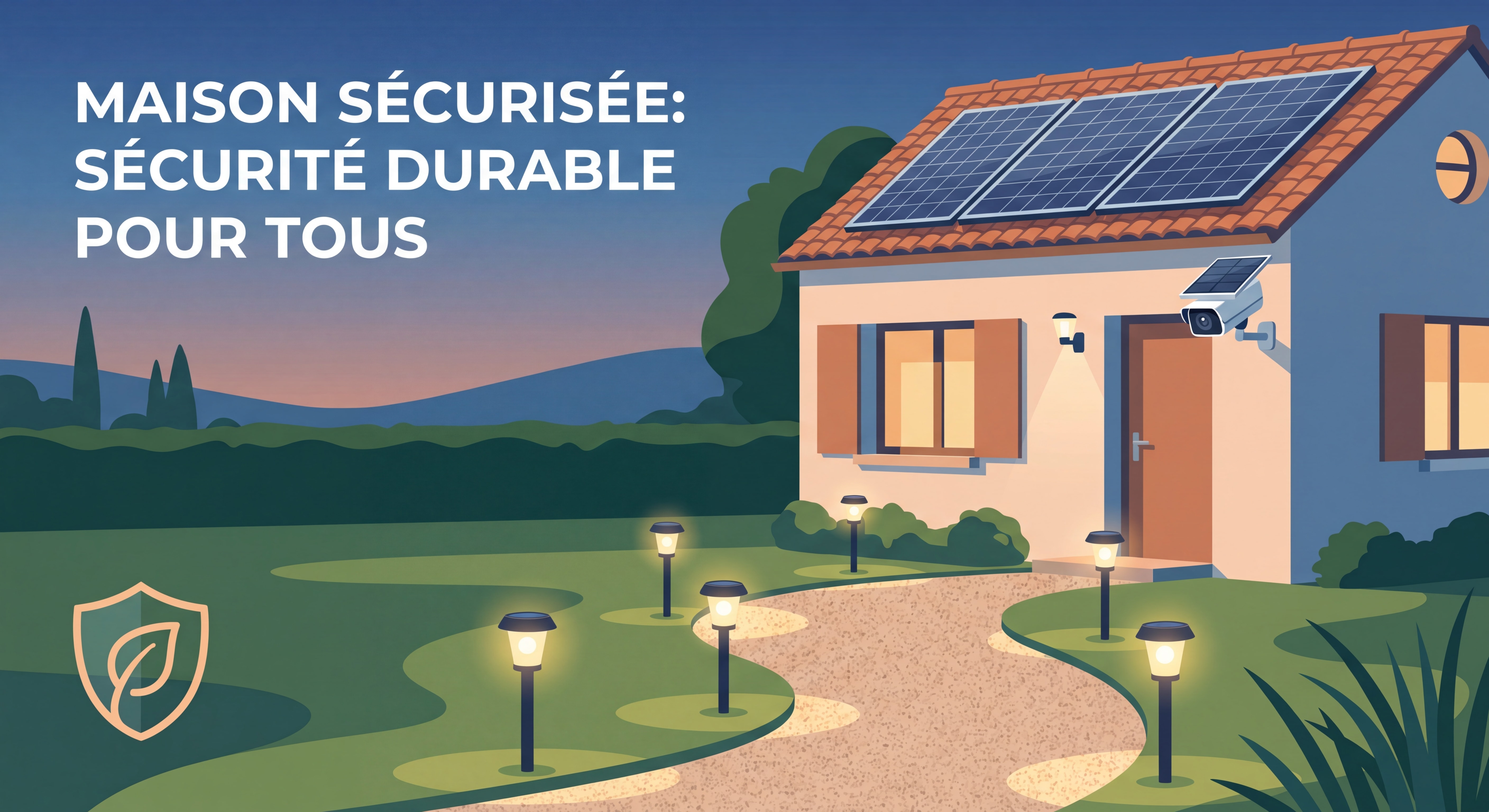 Maison sécurisée avec caméra solaire et lampes solaires jardin illuminant une allée, symbole de sécurité durable et responsable pour les particuliers français