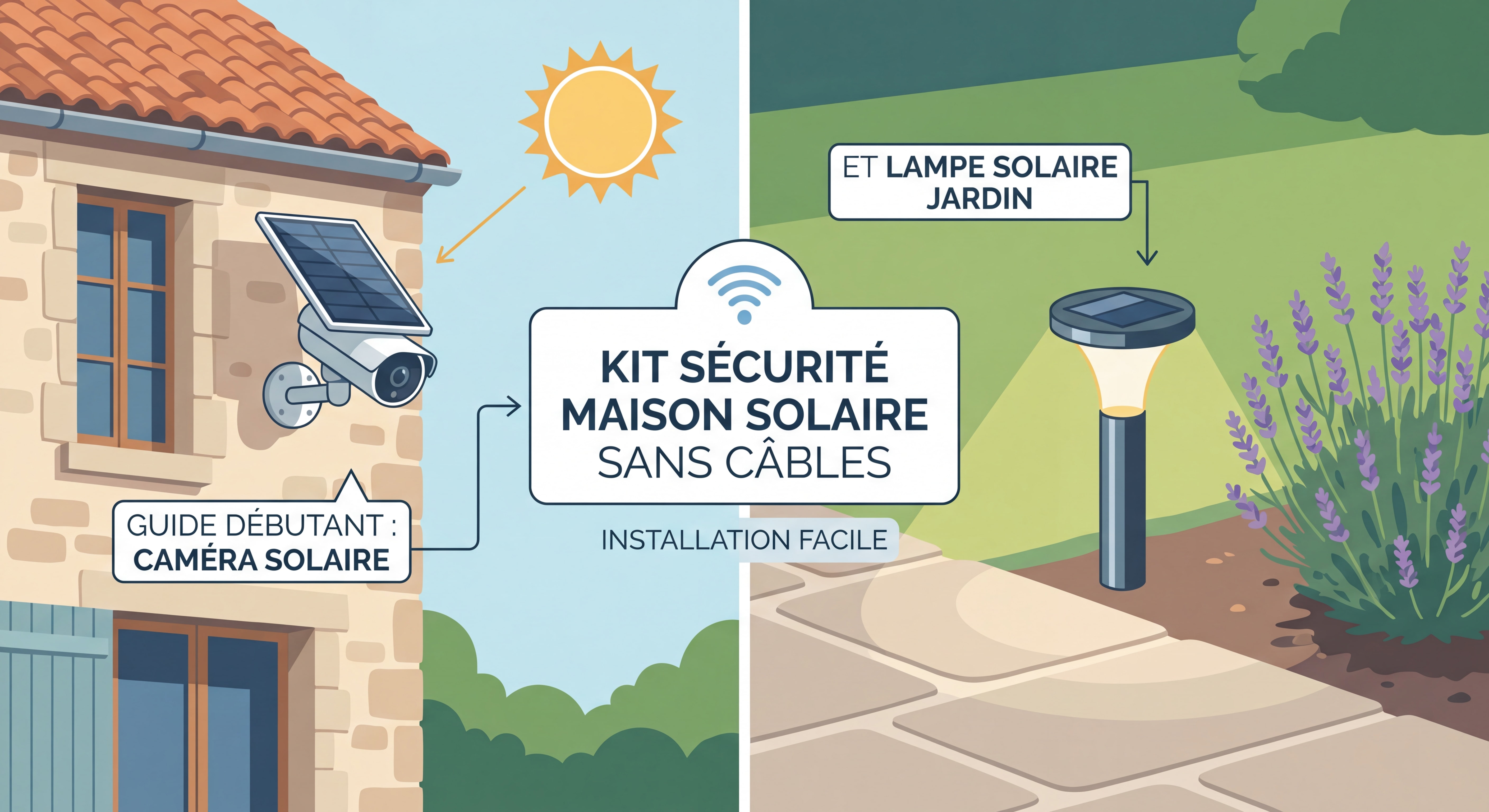 Guide débutant caméra solaire et lampe solaire jardin — kit sécurité maison solaire sans câbles installé sur une façade de maison française