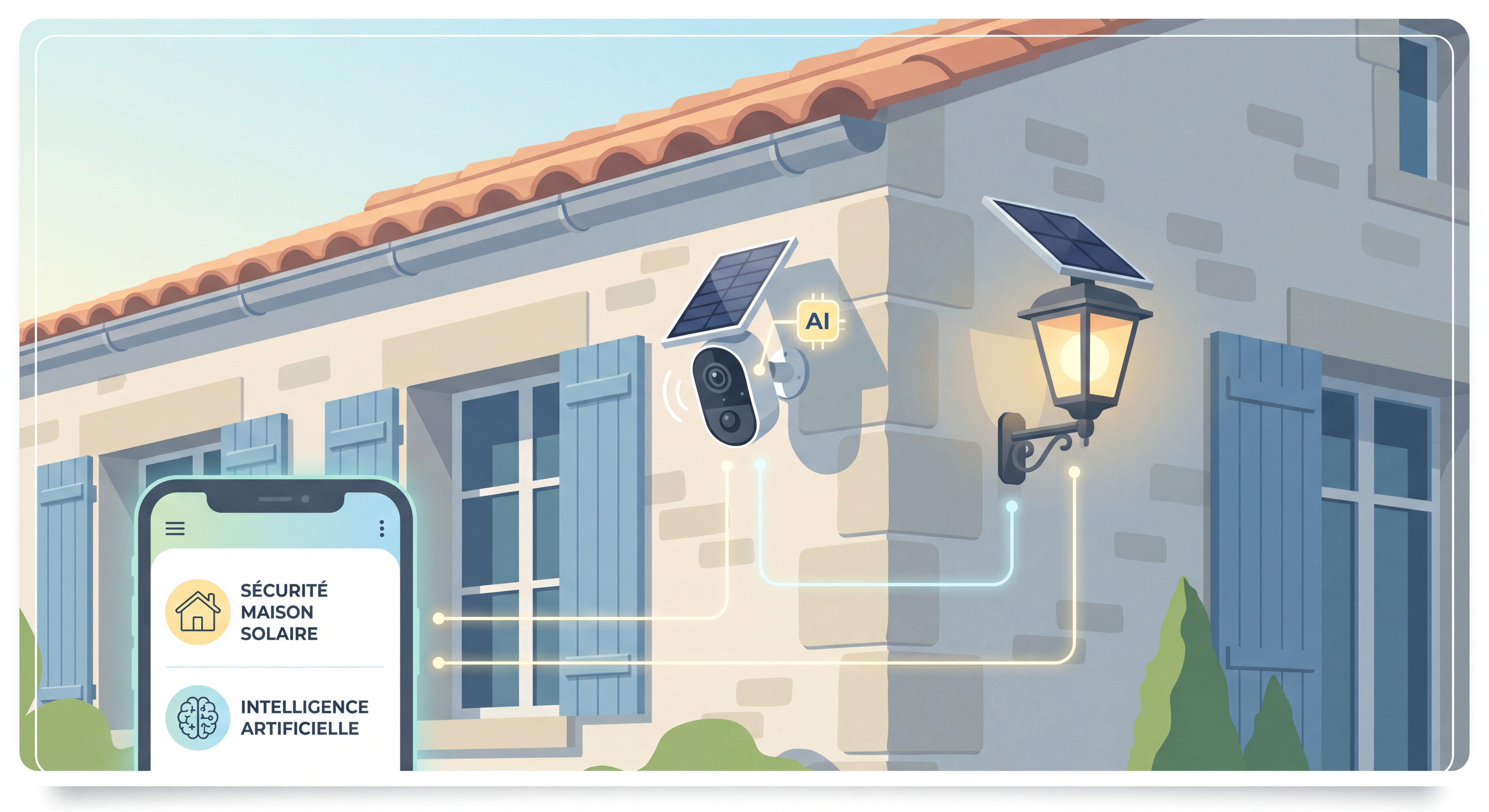 Caméra solaire connectée avec IA et lampe solaire jardin installées sur façade de maison française — sécurité maison solaire du futur