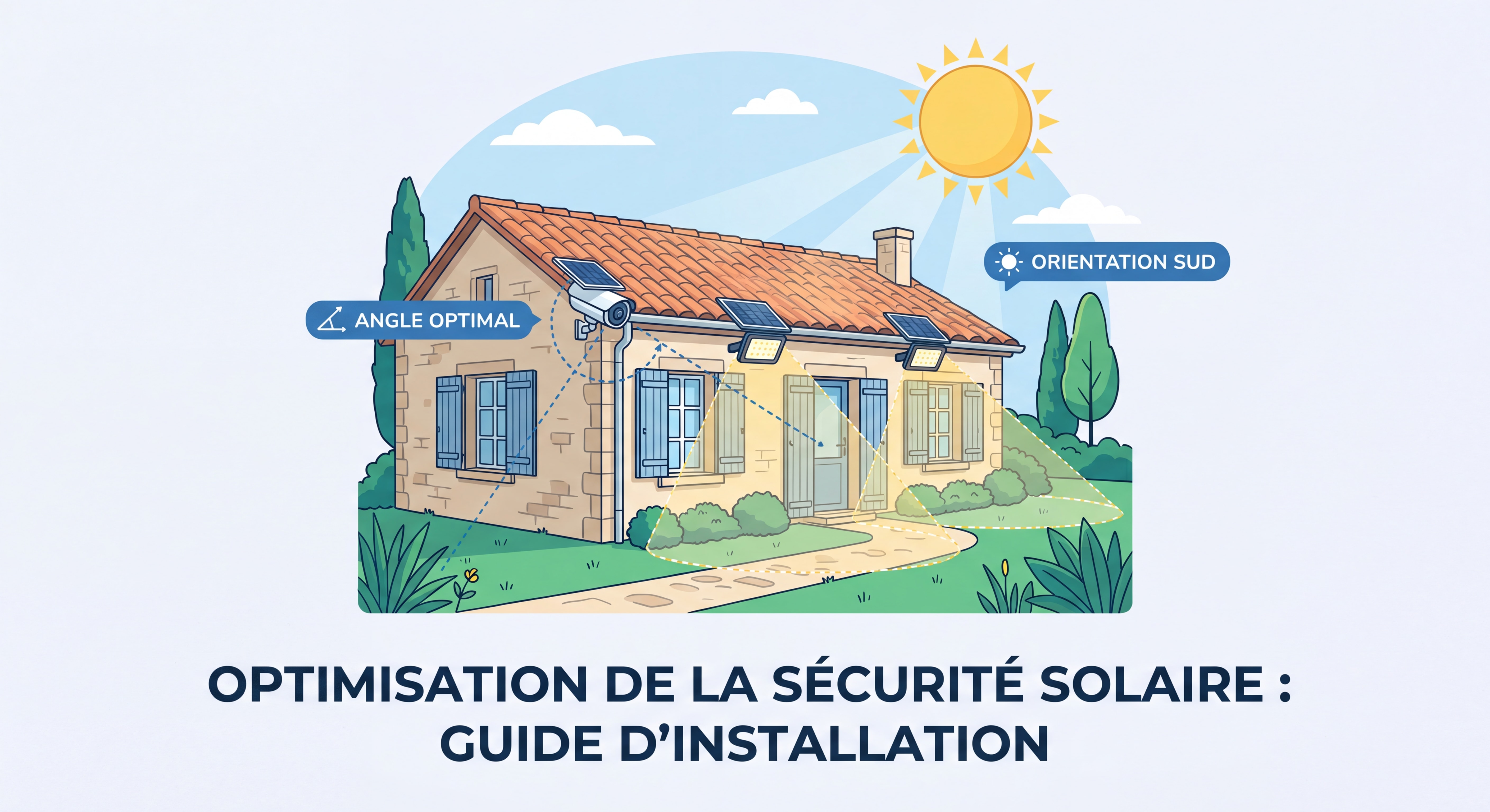 Système de sécurité solaire optimisé avec caméra solaire et éclairage solaire extérieur installés sur une maison française - angle, orientation et zones de couverture parfaitement configurés