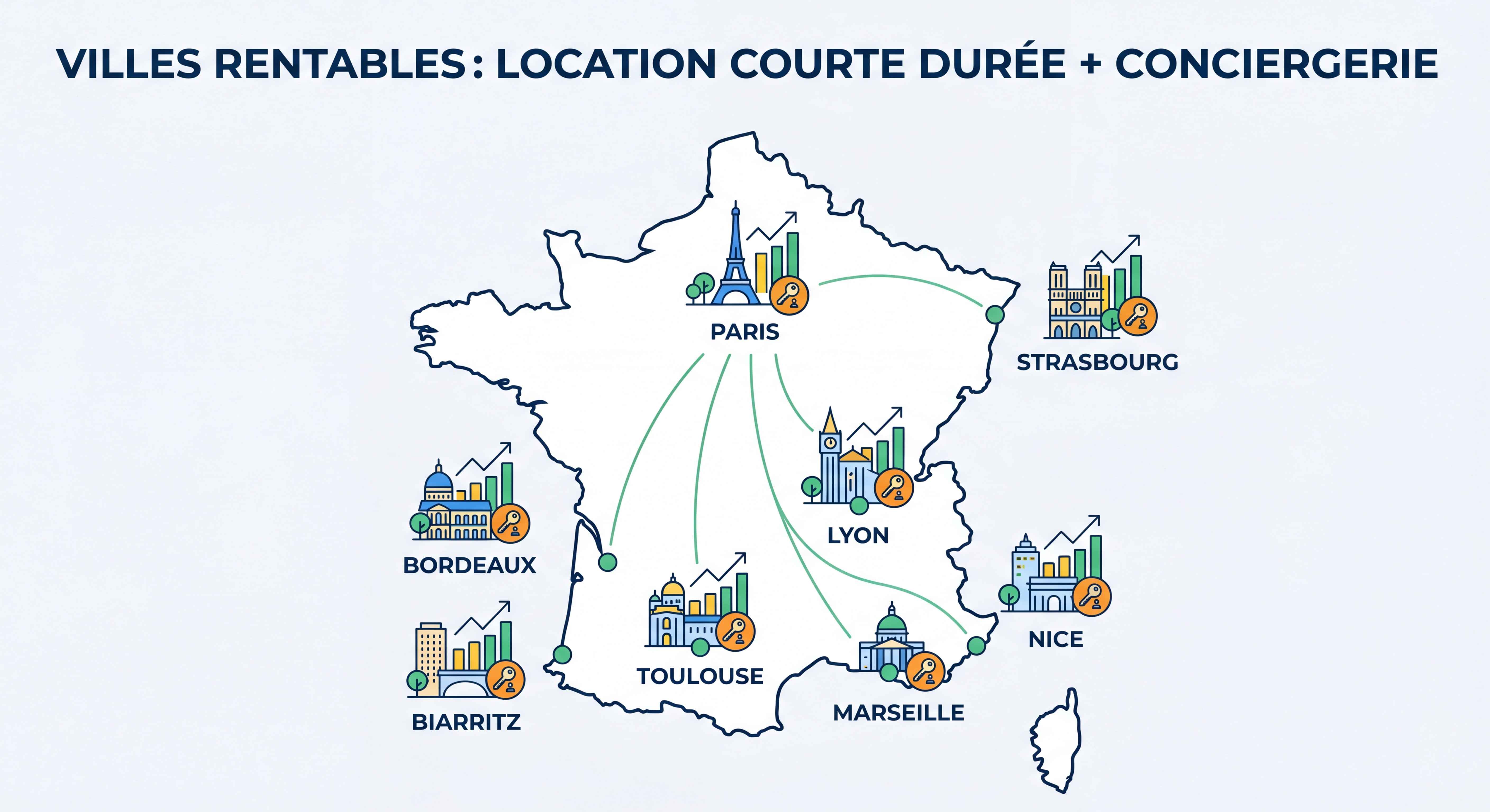 Carte de France illustrant les principales villes rentables pour la location courte durée Airbnb avec une conciergerie