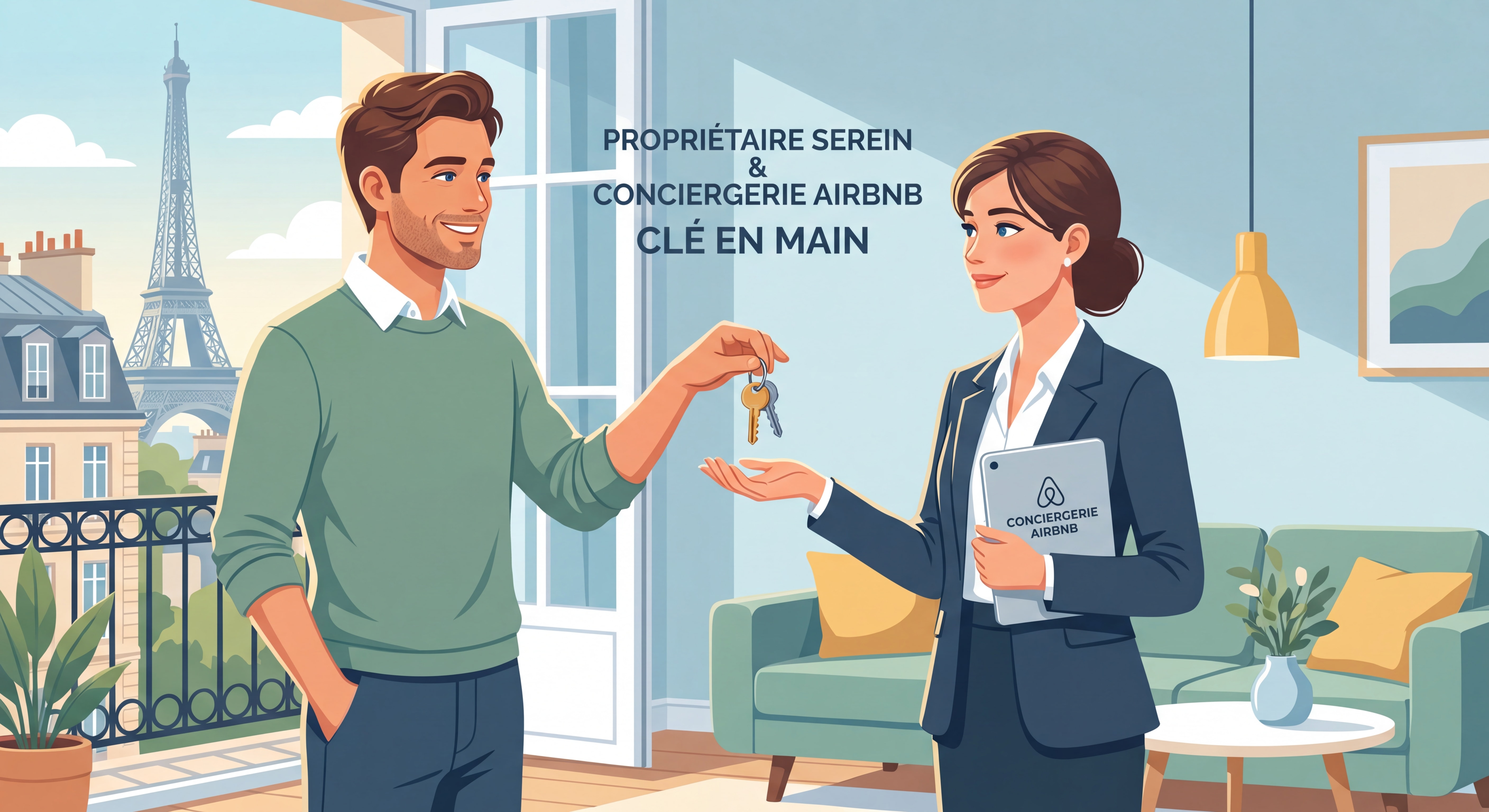 Propriétaire serein remettant les clés de son appartement à une conciergerie Airbnb clé en main en France