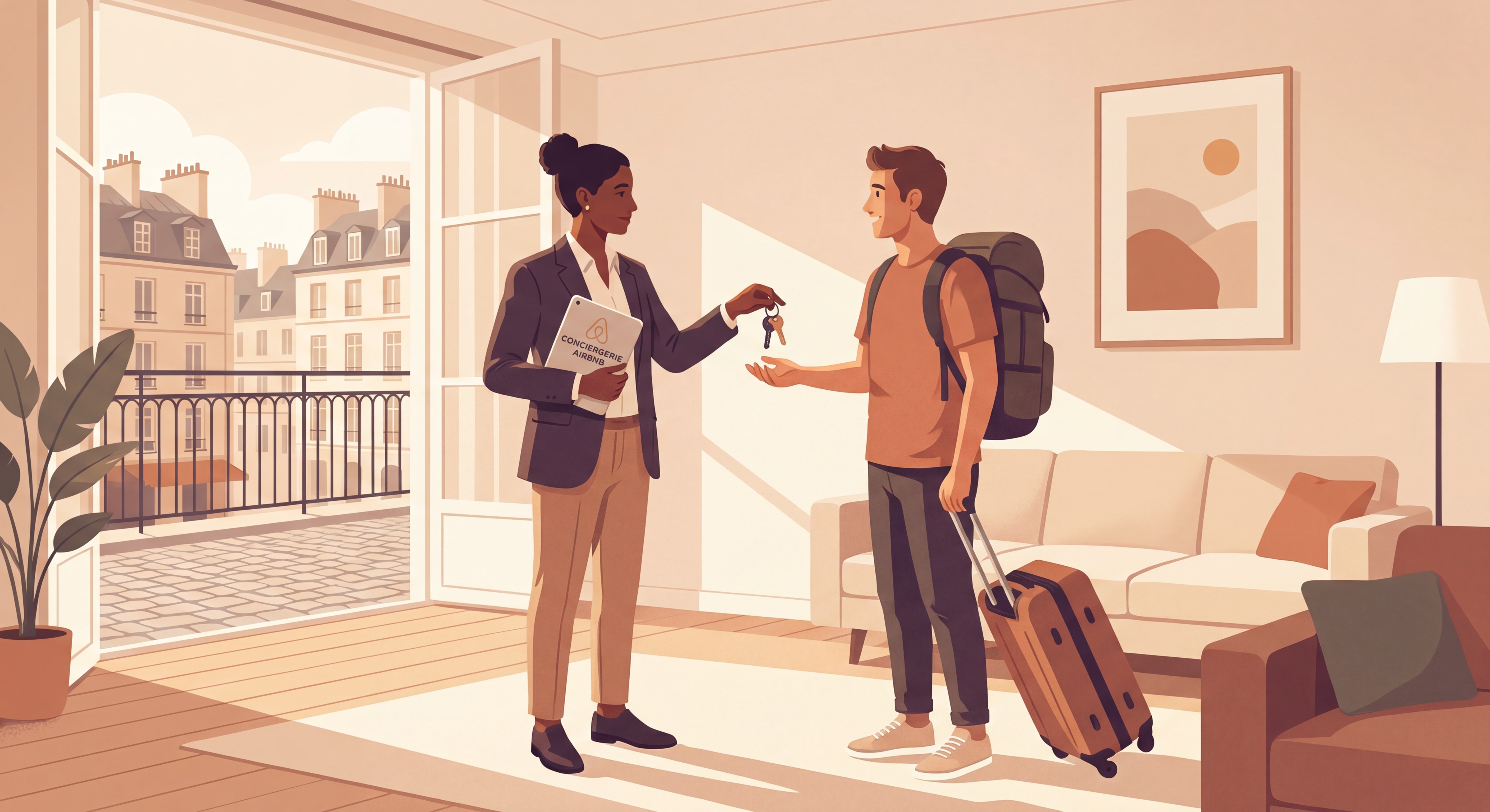 Conciergerie Airbnb réalisant un check-in professionnel avec un voyageur dans un appartement lumineux en France