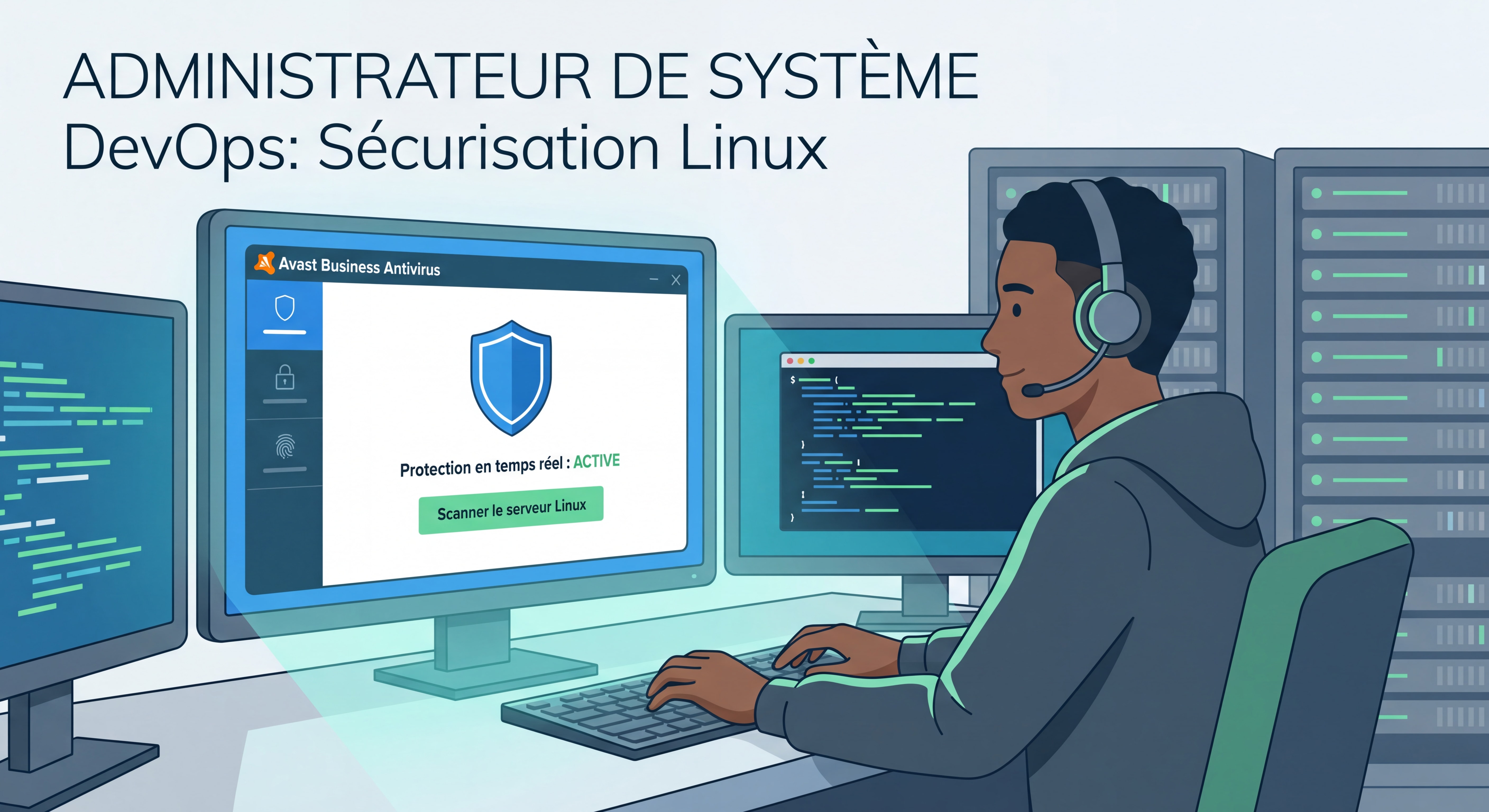 Administrateur système DevOps sécurisant un serveur Linux avec Avast Business Antivirus, interface de protection en temps réel sur écran
