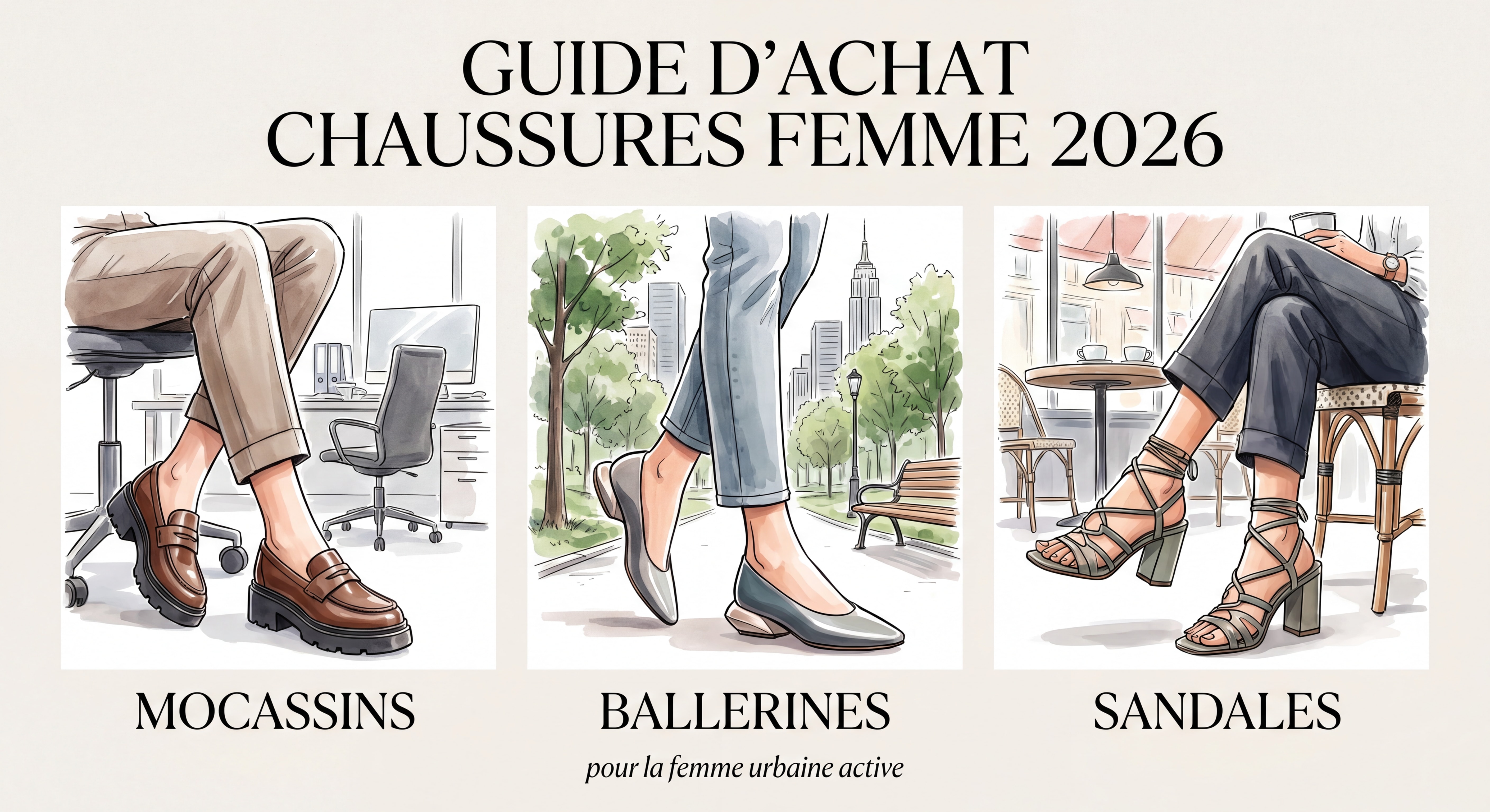 Guide d'achat chaussures femme 2026 — mocassins, ballerines et sandales tendance pour la femme urbaine active