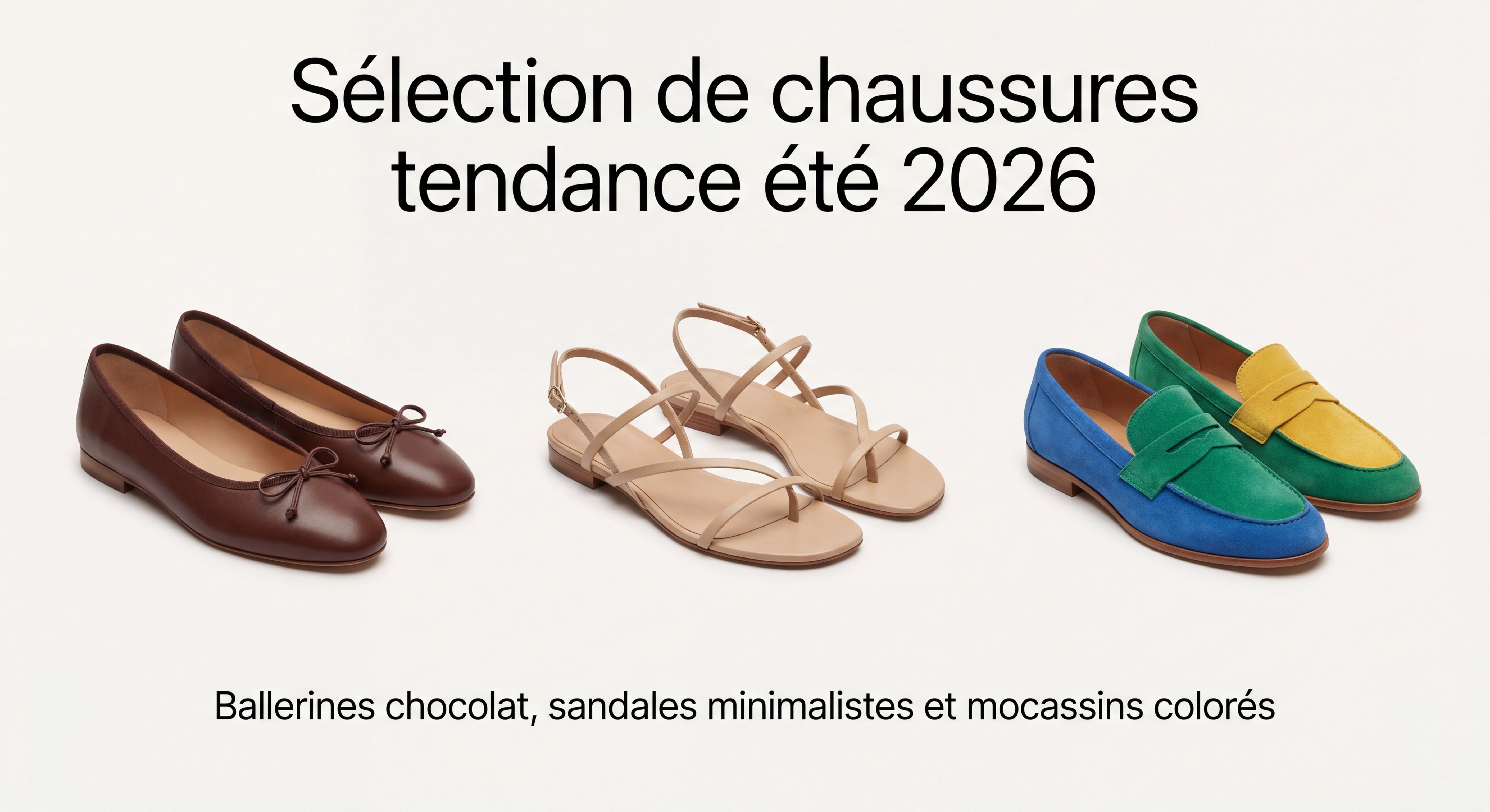 Sélection de chaussures tendance été 2026 — ballerines chocolat, sandales minimalistes et mocassins colorés posés sur fond clair, style lookbook mode femme et homme