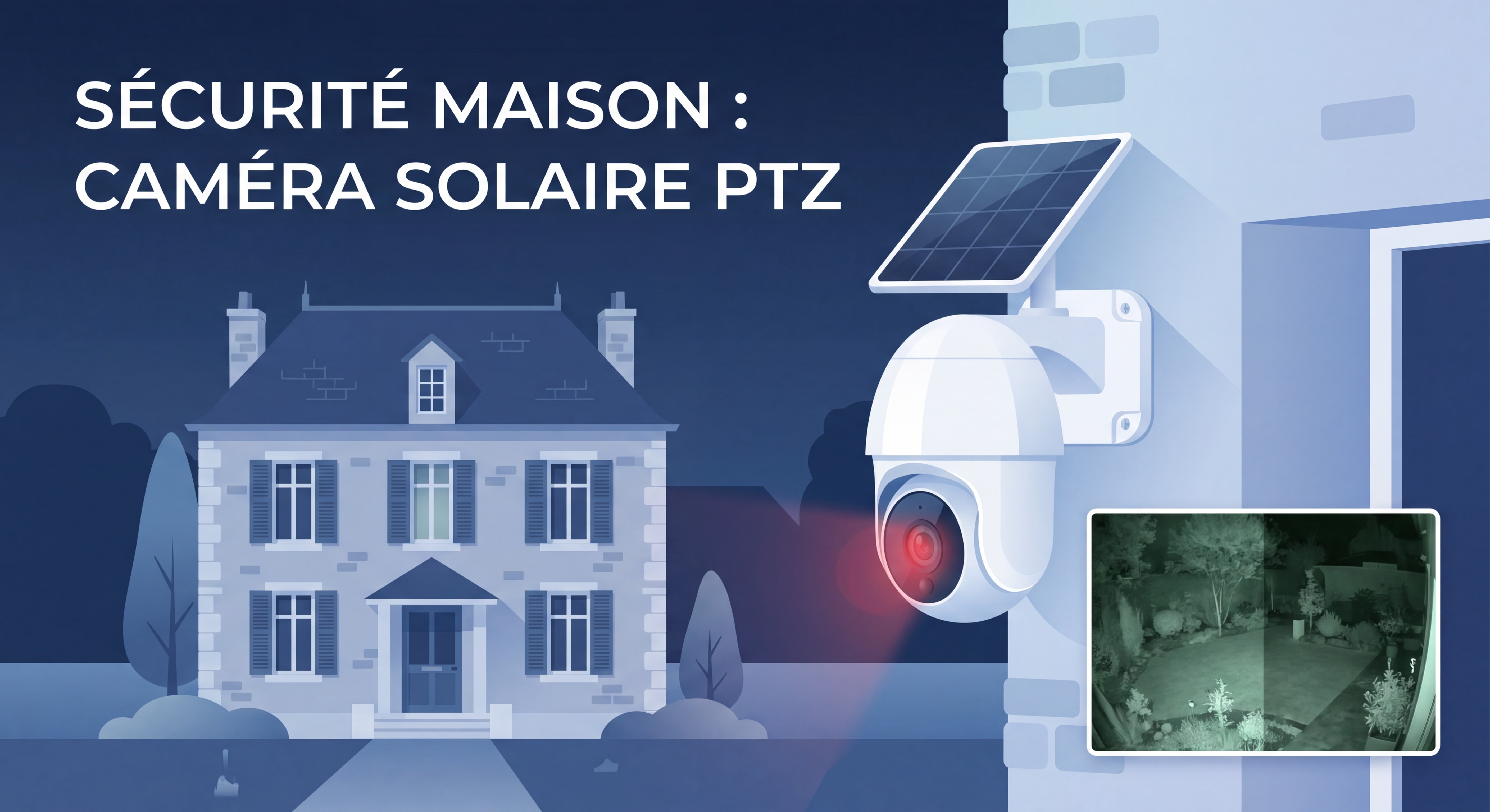 Caméra solaire PTZ 6MP installée sur façade extérieure d'une maison individuelle française, vision nocturne activée, nuit tombée