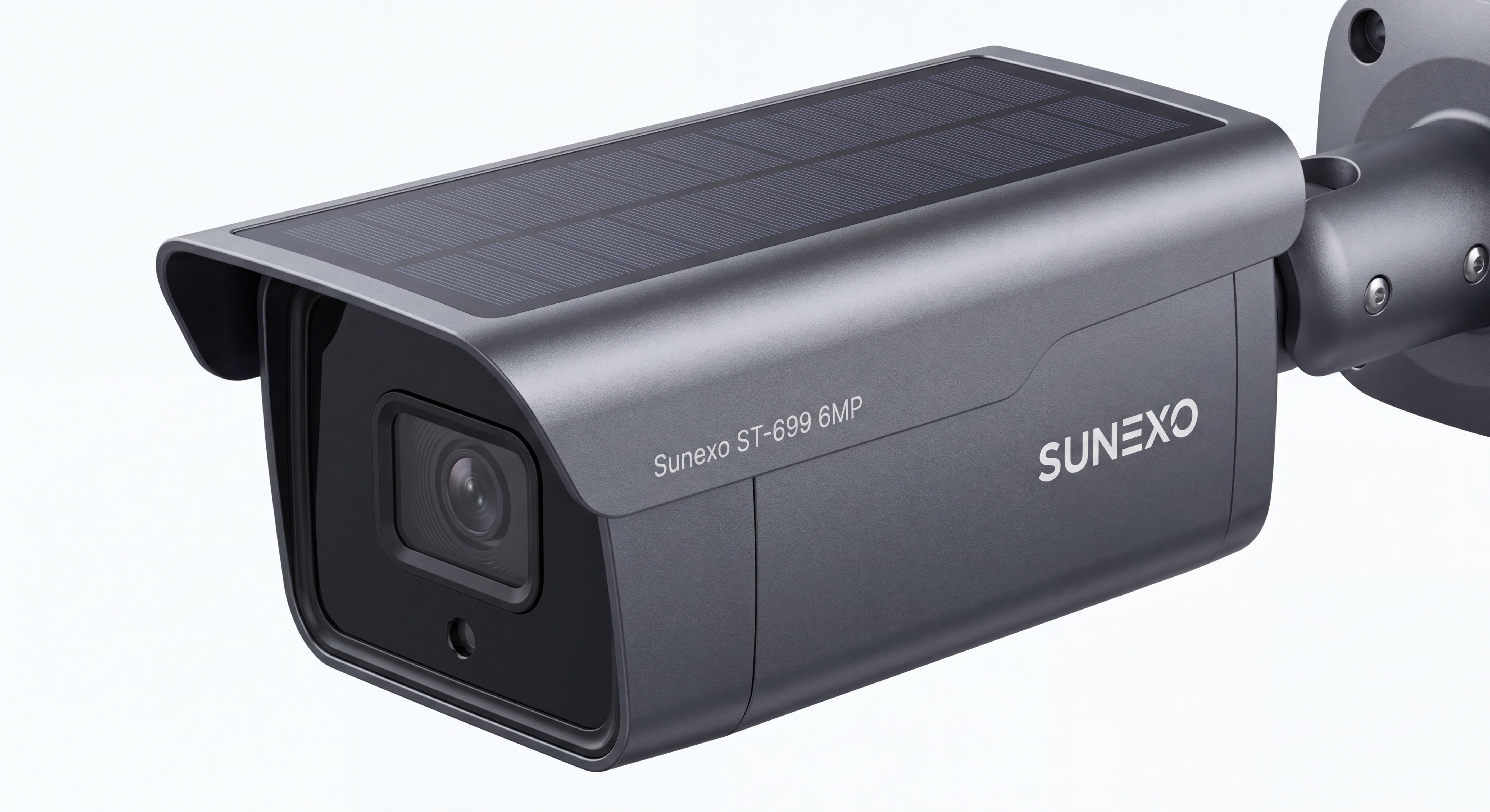 Caméra solaire Sunexo ST-699 6MP en gros plan, boîtier full métal anthracite, panneau solaire intégré visible, logo Sunexo, fond blanc professionnel