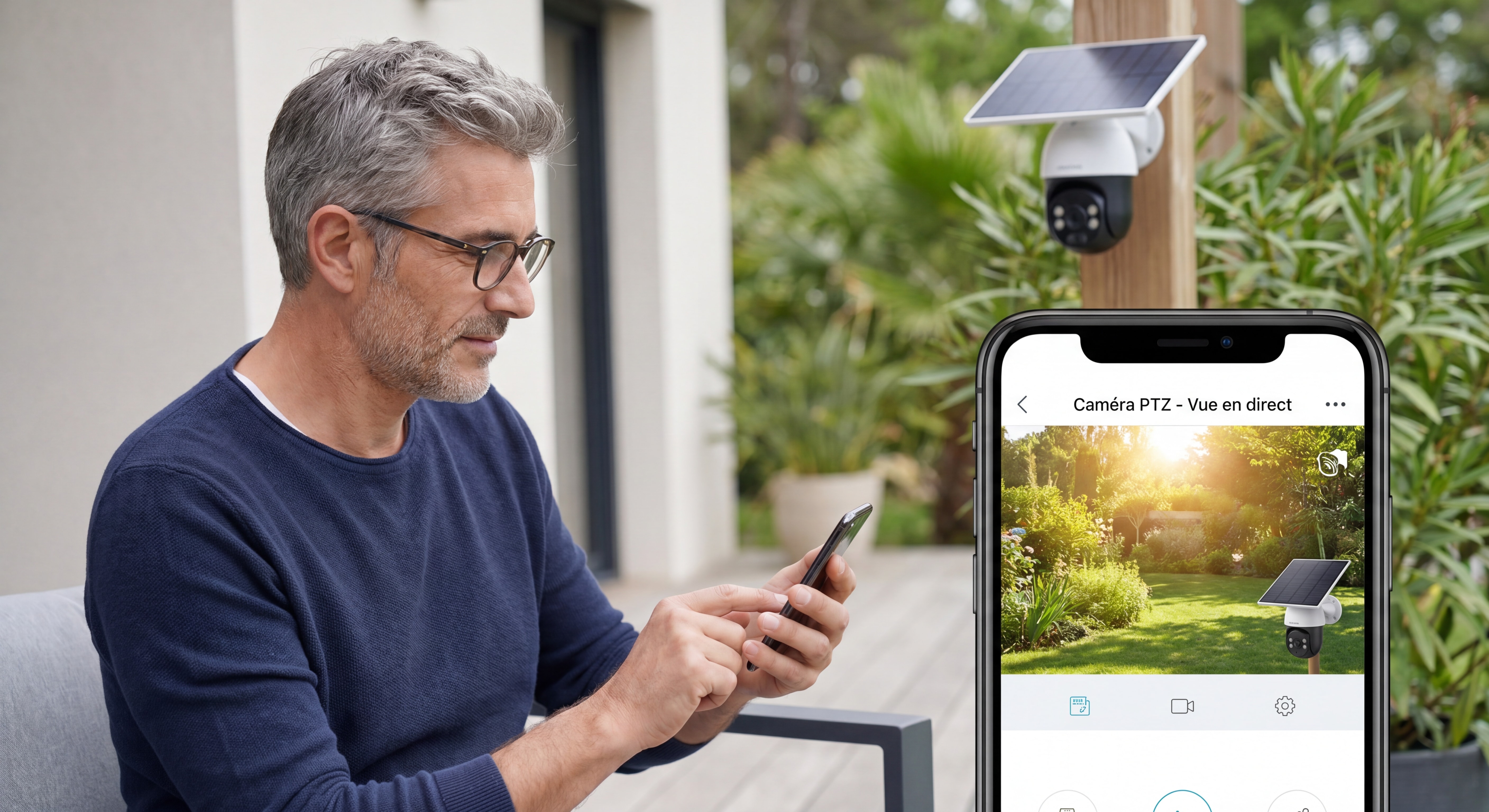 Propriétaire français consultant l'application mobile de surveillance sur smartphone, interface montrant la vue en direct de son jardin via caméra solaire PTZ