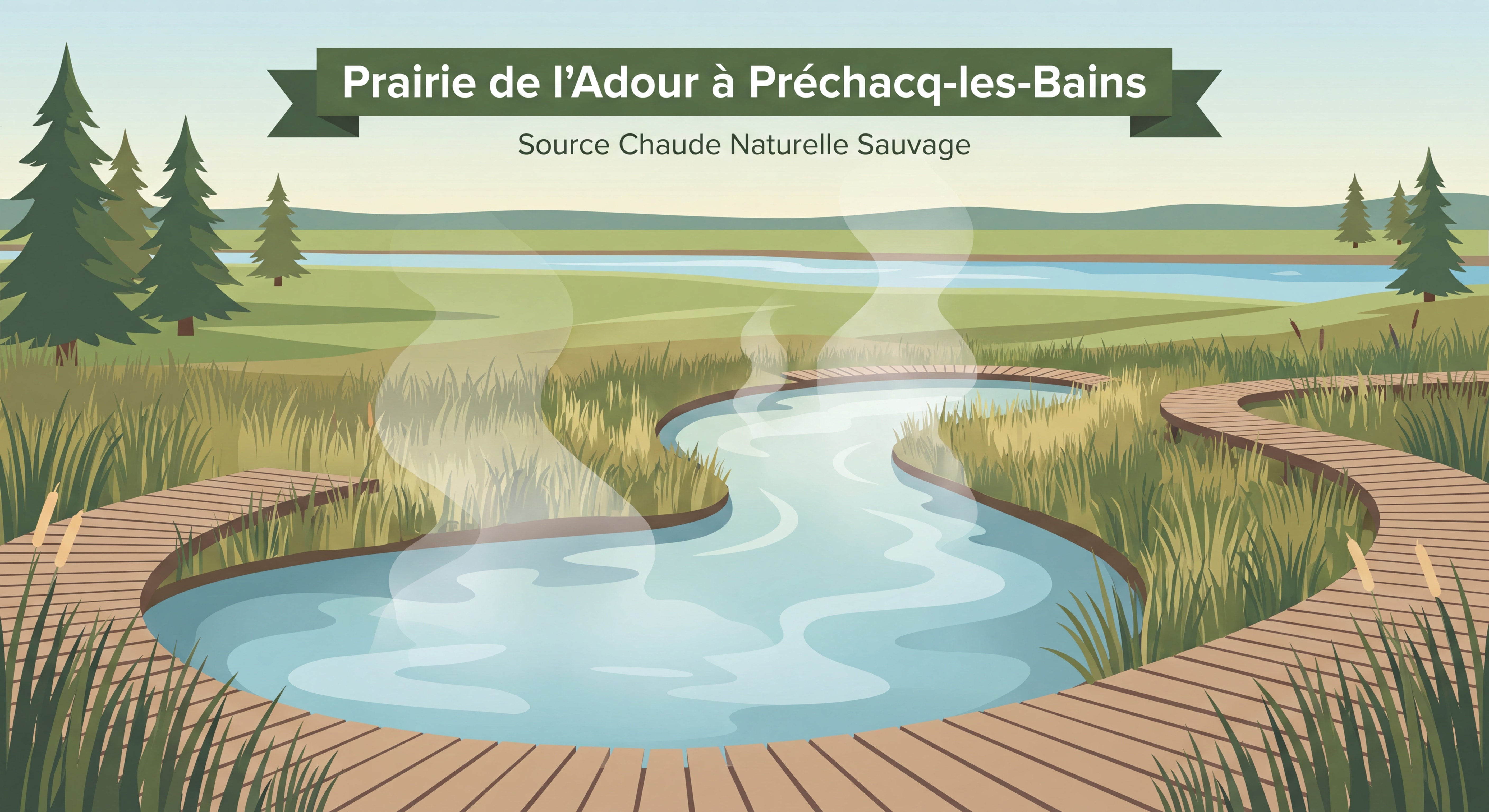 Prairie de l'Adour à Préchacq-les-Bains, source chaude naturelle sauvage dans un cadre landais préservé