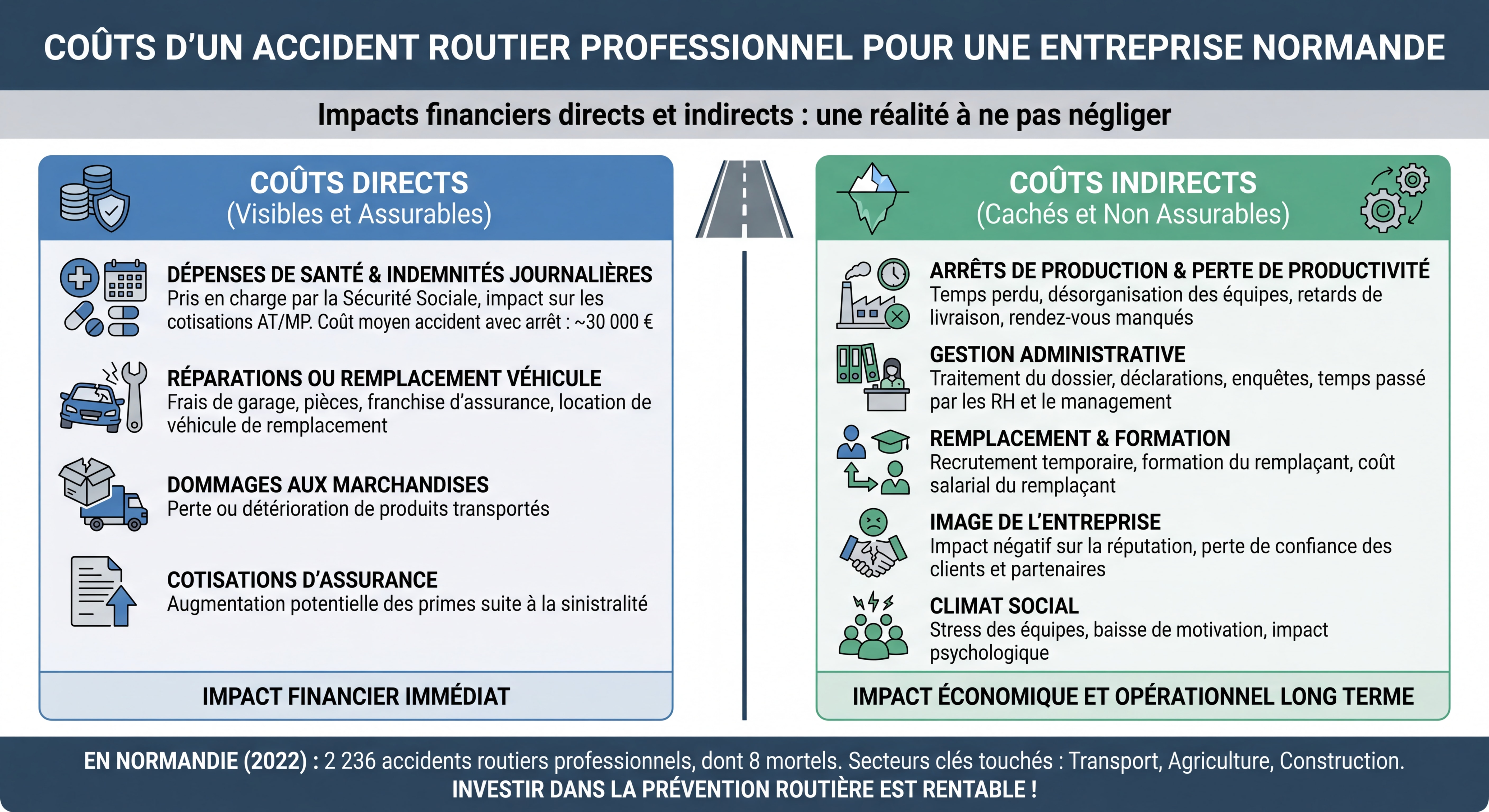 Infographie illustrant les coûts directs et indirects d'un accident routier professionnel pour une entreprise normande