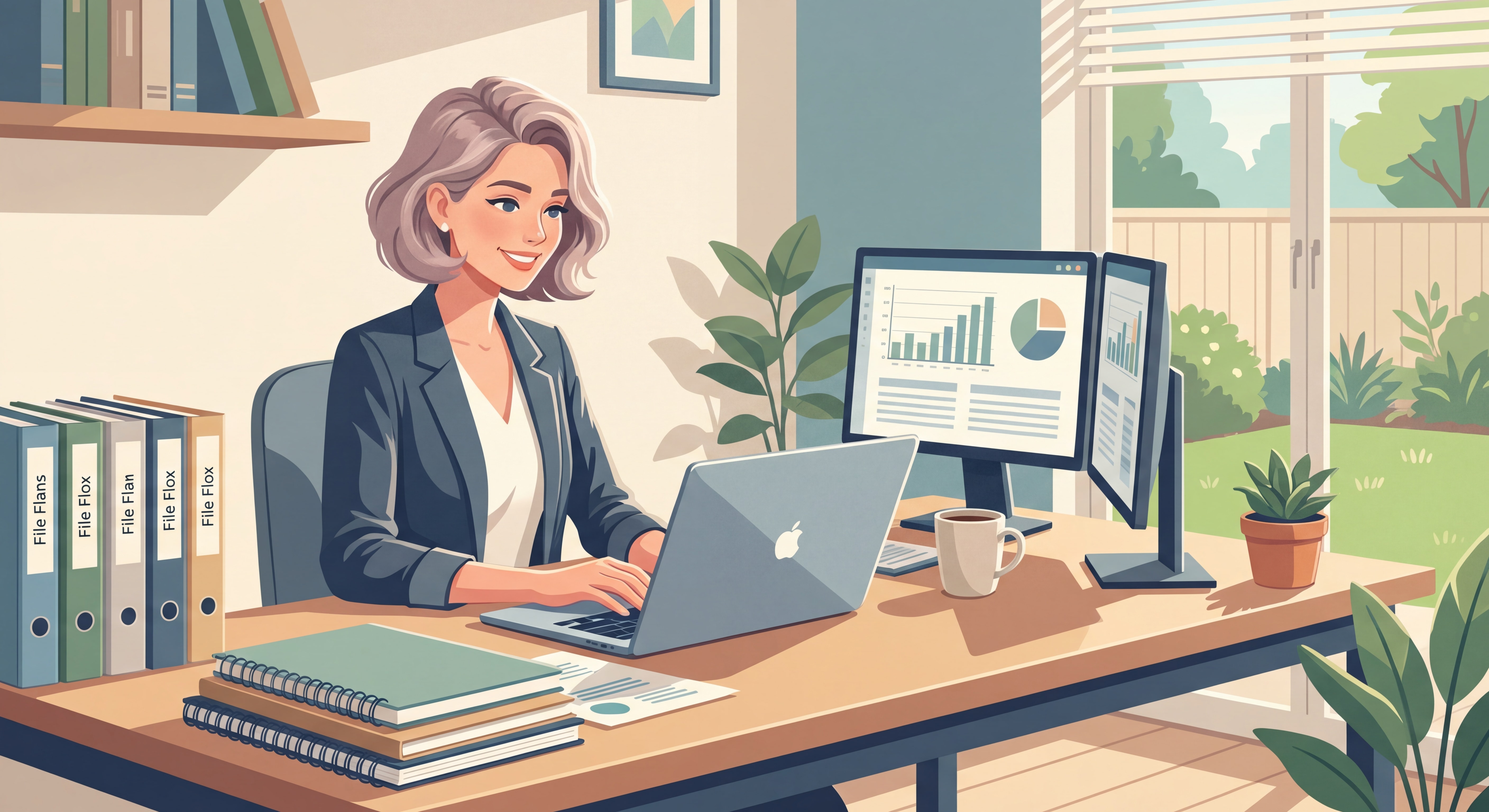 Femme travaillant à son bureau en tant qu'assistante administrative freelance depuis son domicile, ordinateur portable et documents organisés, ambiance professionnelle et sereine