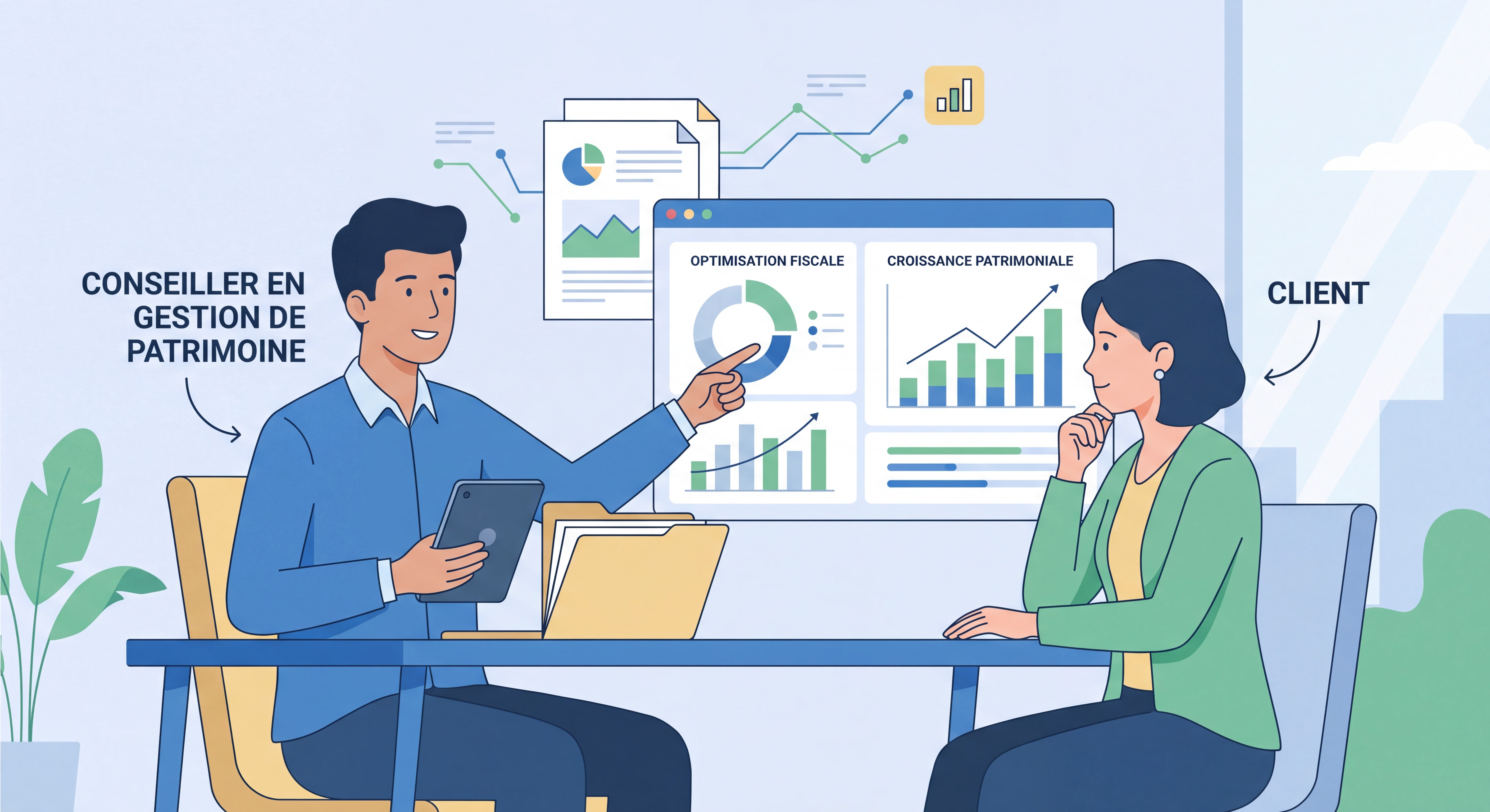 Conseiller en gestion de patrimoine analysant des documents financiers avec un client, tableau de bord avec graphiques d'optimisation fiscale et patrimoniale