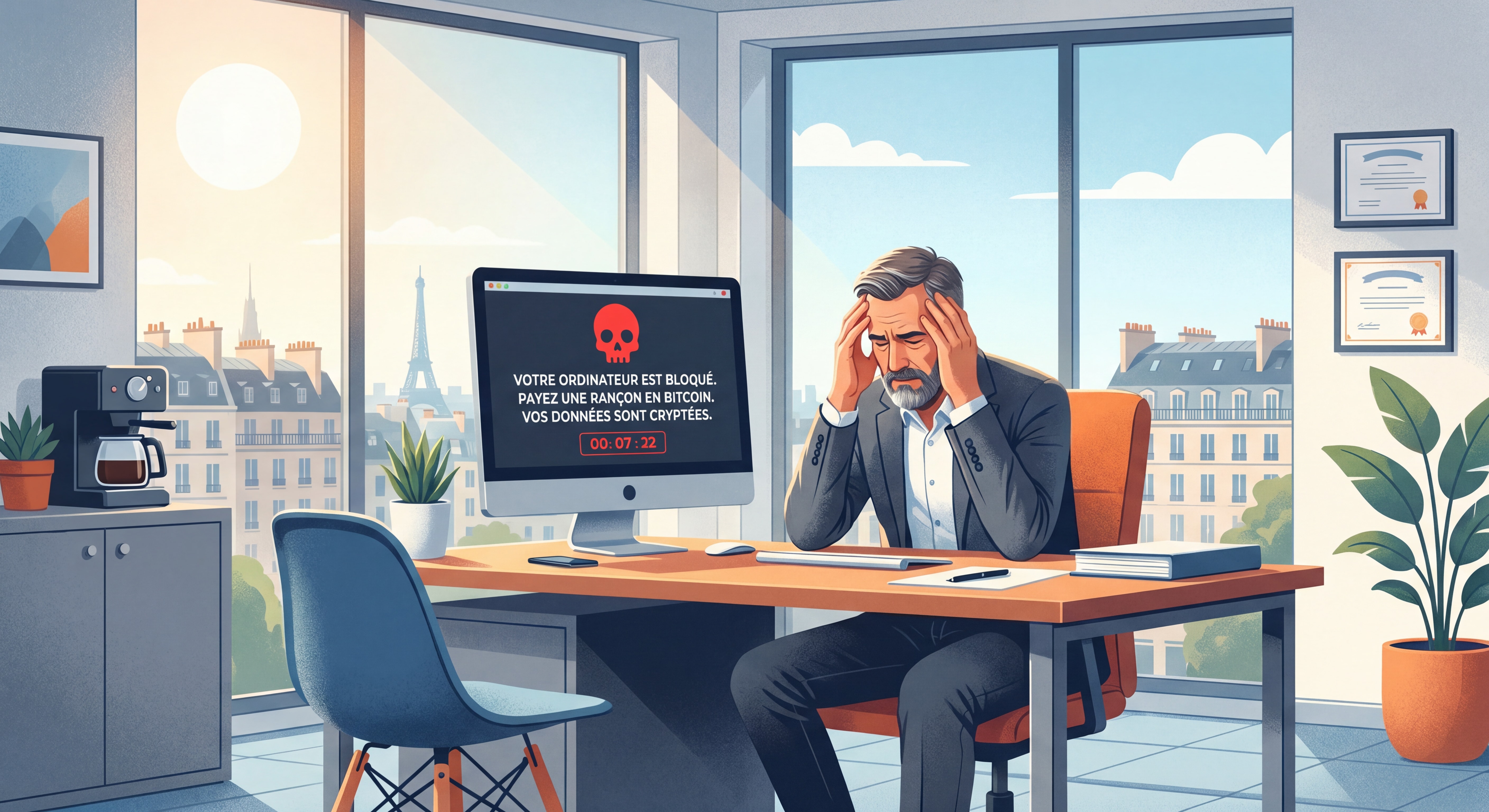 Dirigeant de PME face à son écran affichant un message de ransomware, illustrant la menace des cyberattaques pour les petites entreprises françaises