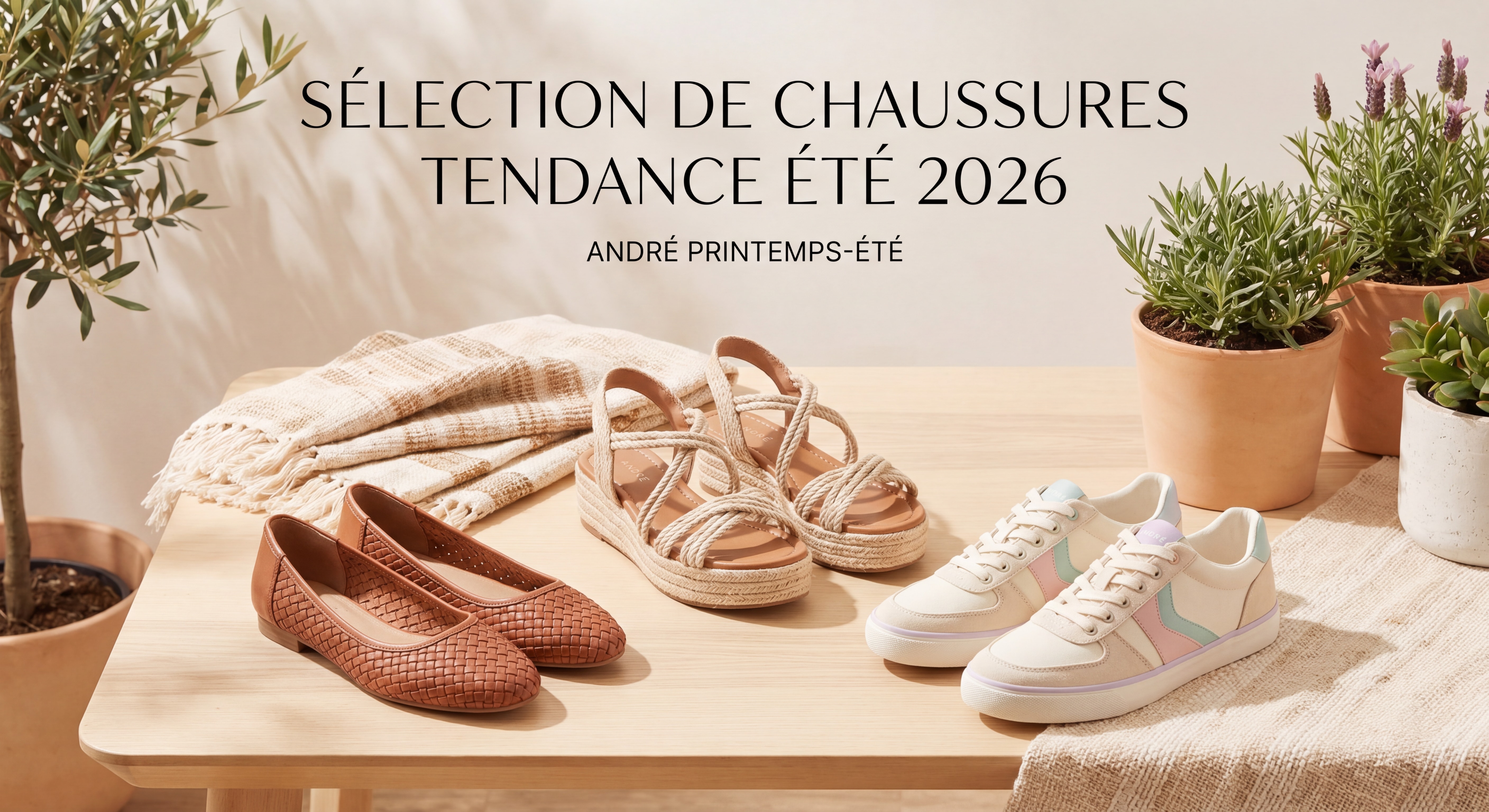 Sélection de chaussures tendance été 2026 — ballerines, sandales et sneakers posés sur fond naturel clair, collection André printemps-été