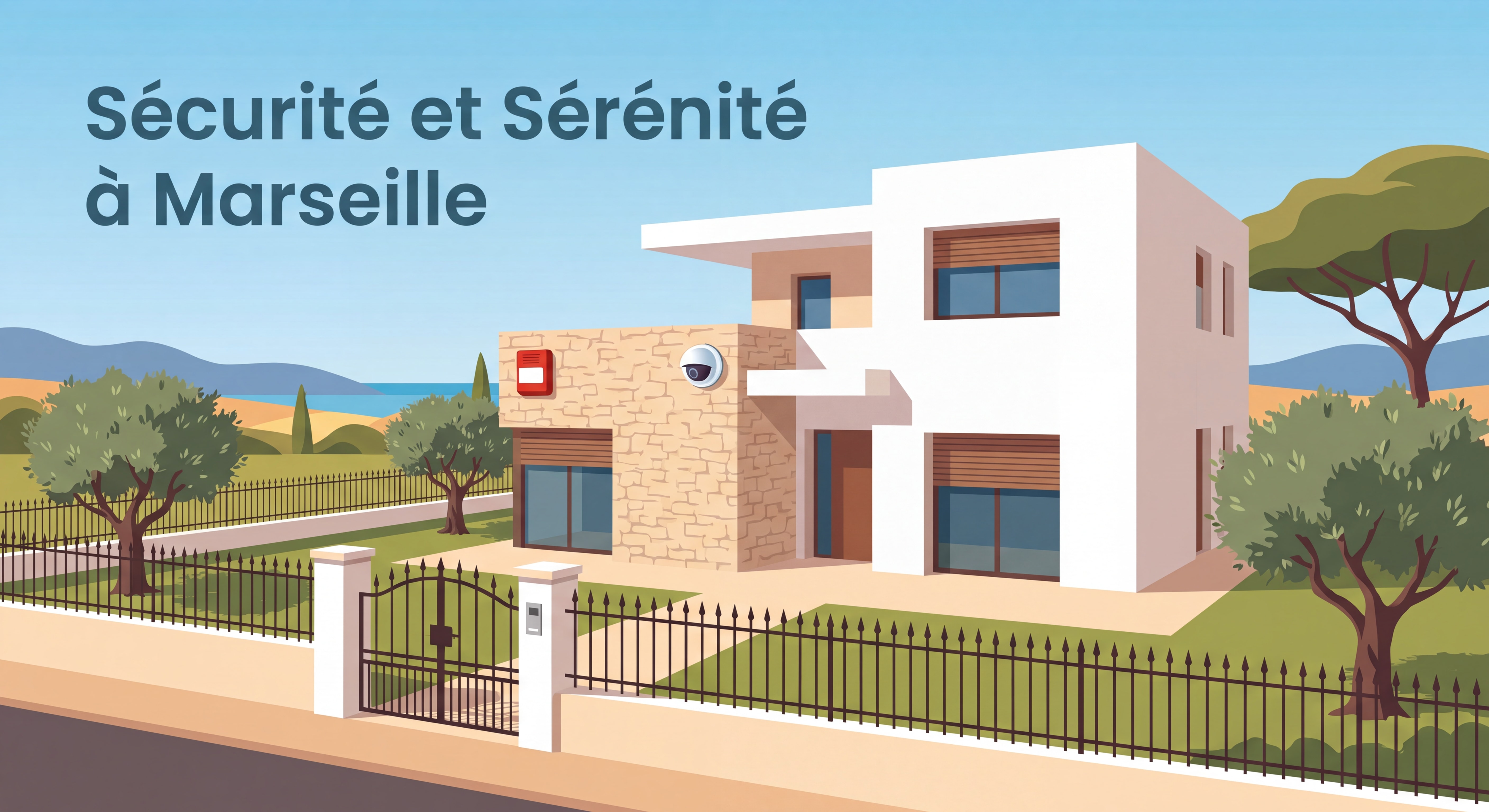 Comment Sécuriser Votre Maison et Votre Jardin : Le Guide Pratique Complet Maison individuelle sécurisée avec caméra de surveillance extérieure et alarme visible en façade, jardin clôturé à Marseille