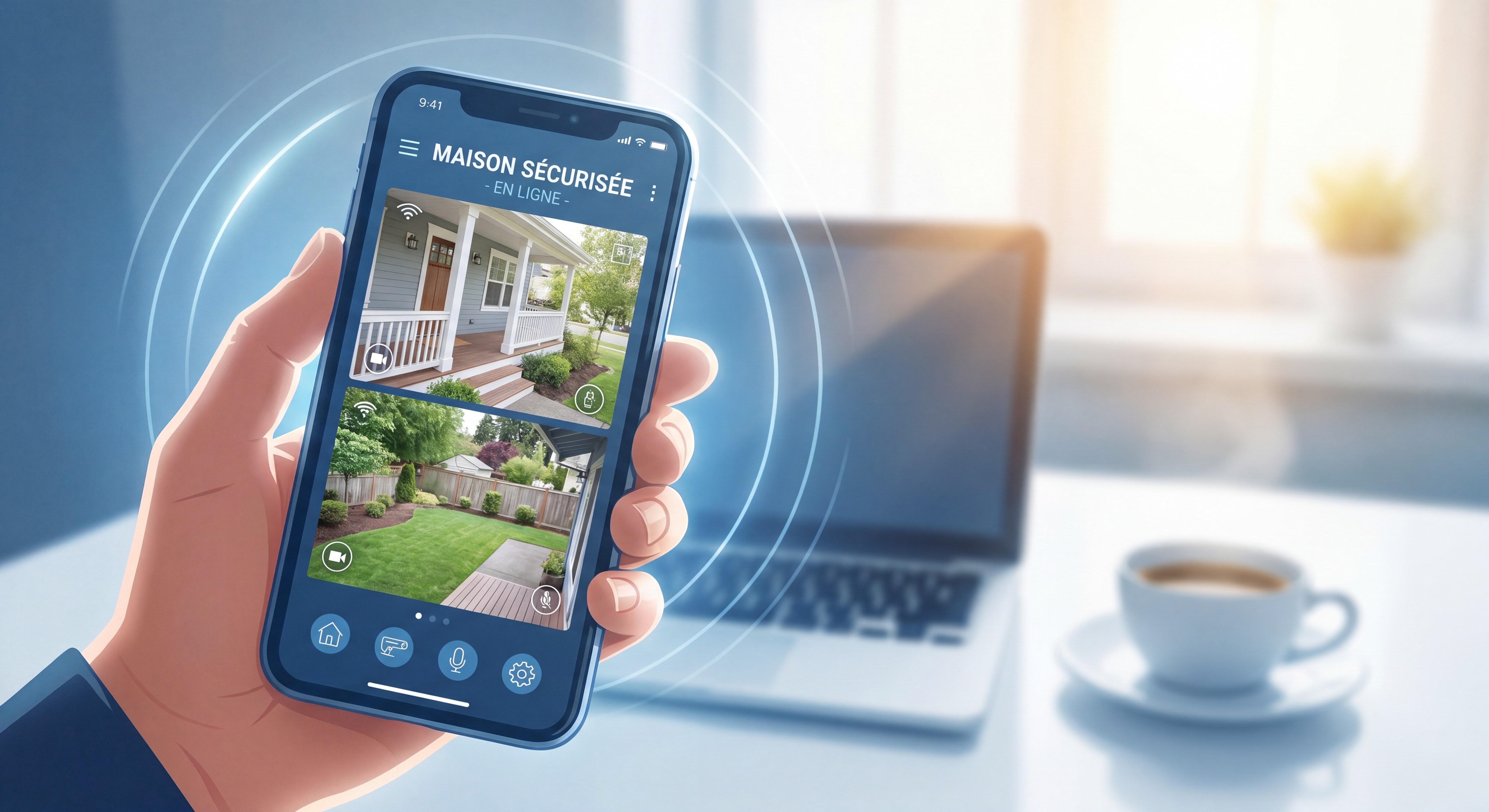 Comment Sécuriser Votre Maison et Votre Jardin : Le Guide Pratique Complet Propriétaire consultant l'application mobile de son système d'alarme connecté sur smartphone, avec vue en temps réel des caméras de surveillance extérieures
