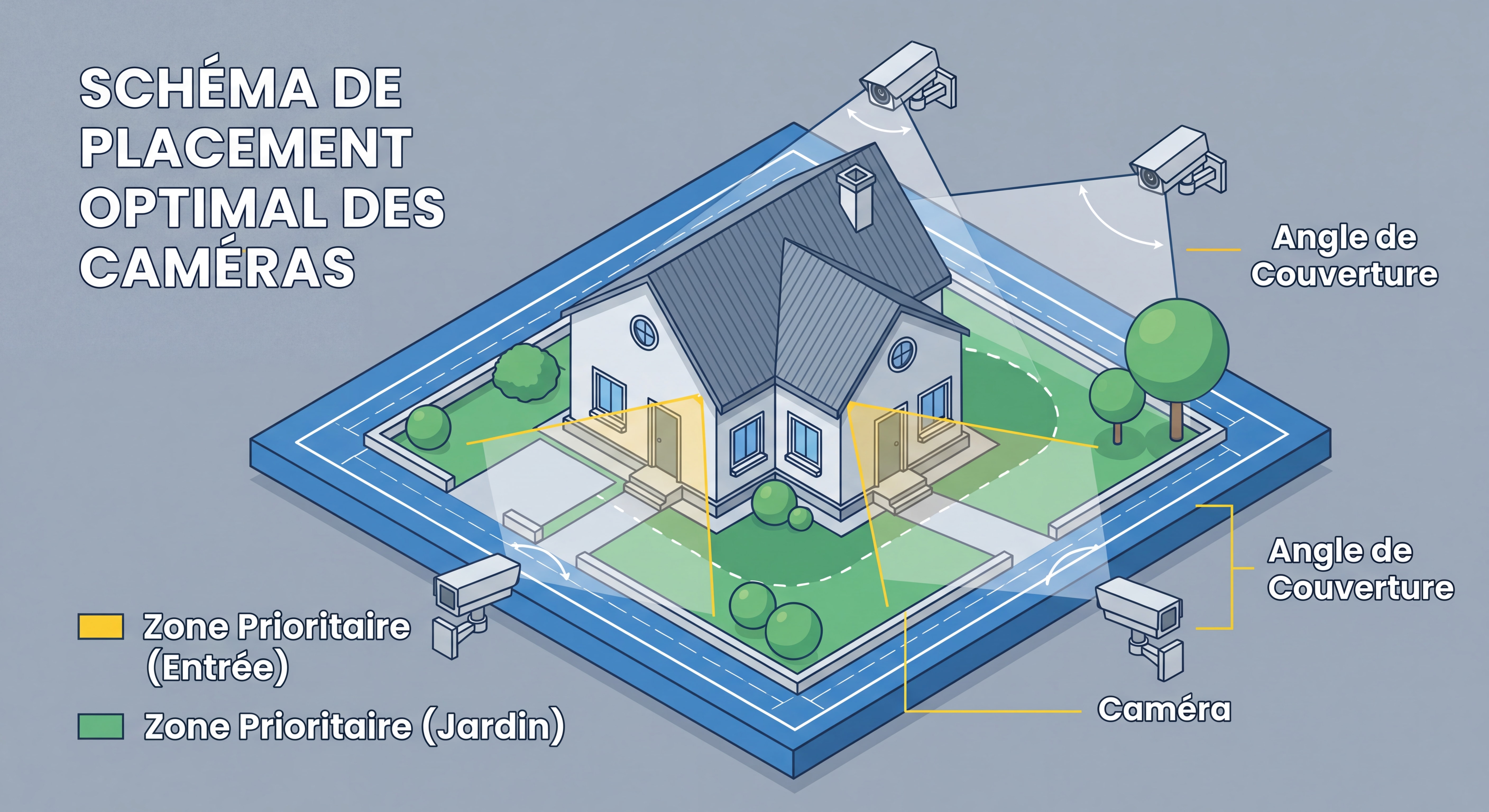 Comment Sécuriser Votre Maison et Votre Jardin : Le Guide Pratique Complet Schéma de placement optimal des caméras de surveillance autour d'une maison individuelle avec jardin, indiquant les angles de couverture et les zones prioritaires