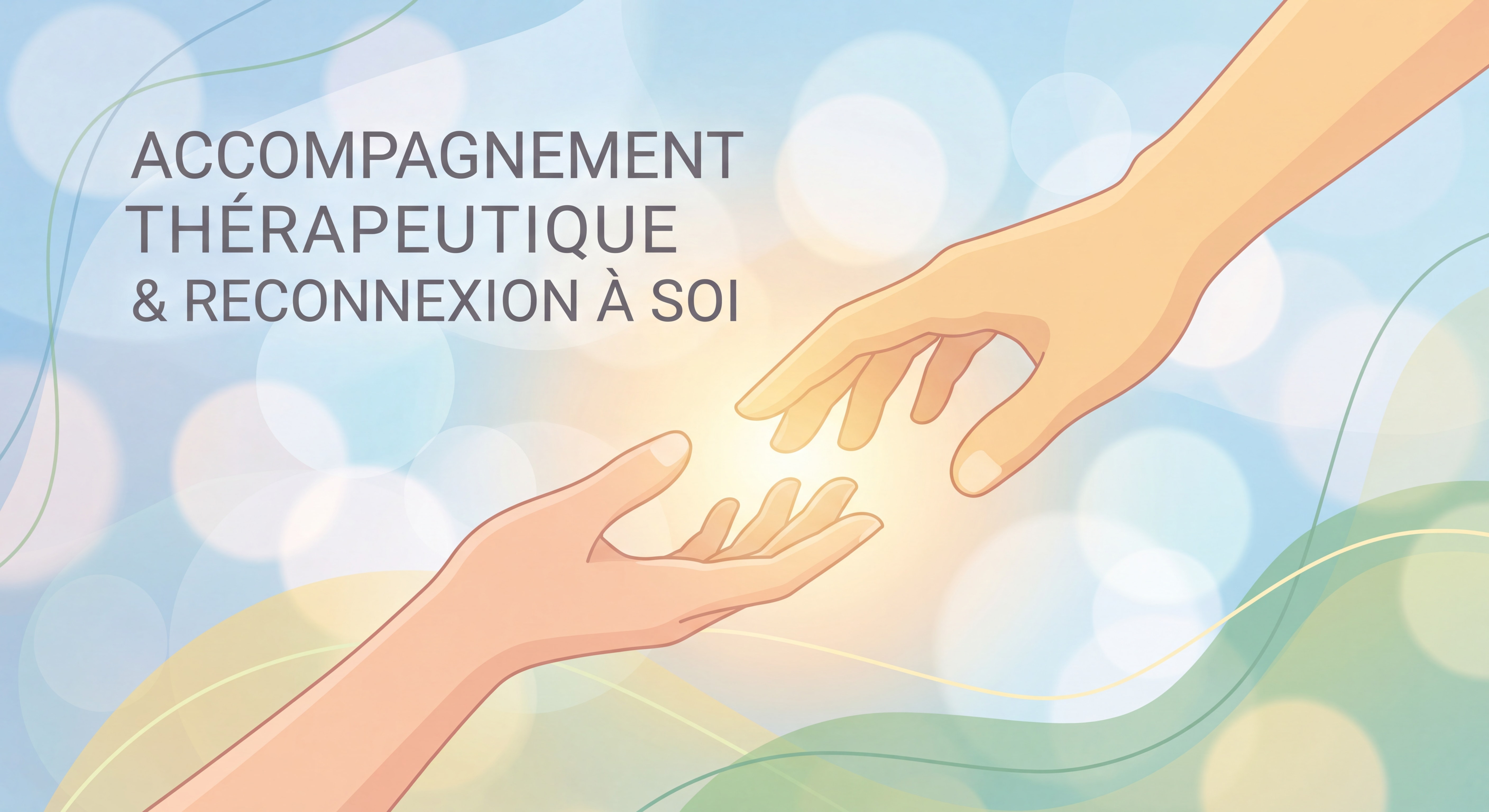 Mains tendues l'une vers l'autre sur fond de lumière douce et apaisante, symbolisant l'accompagnement thérapeutique et la reconnexion à soi