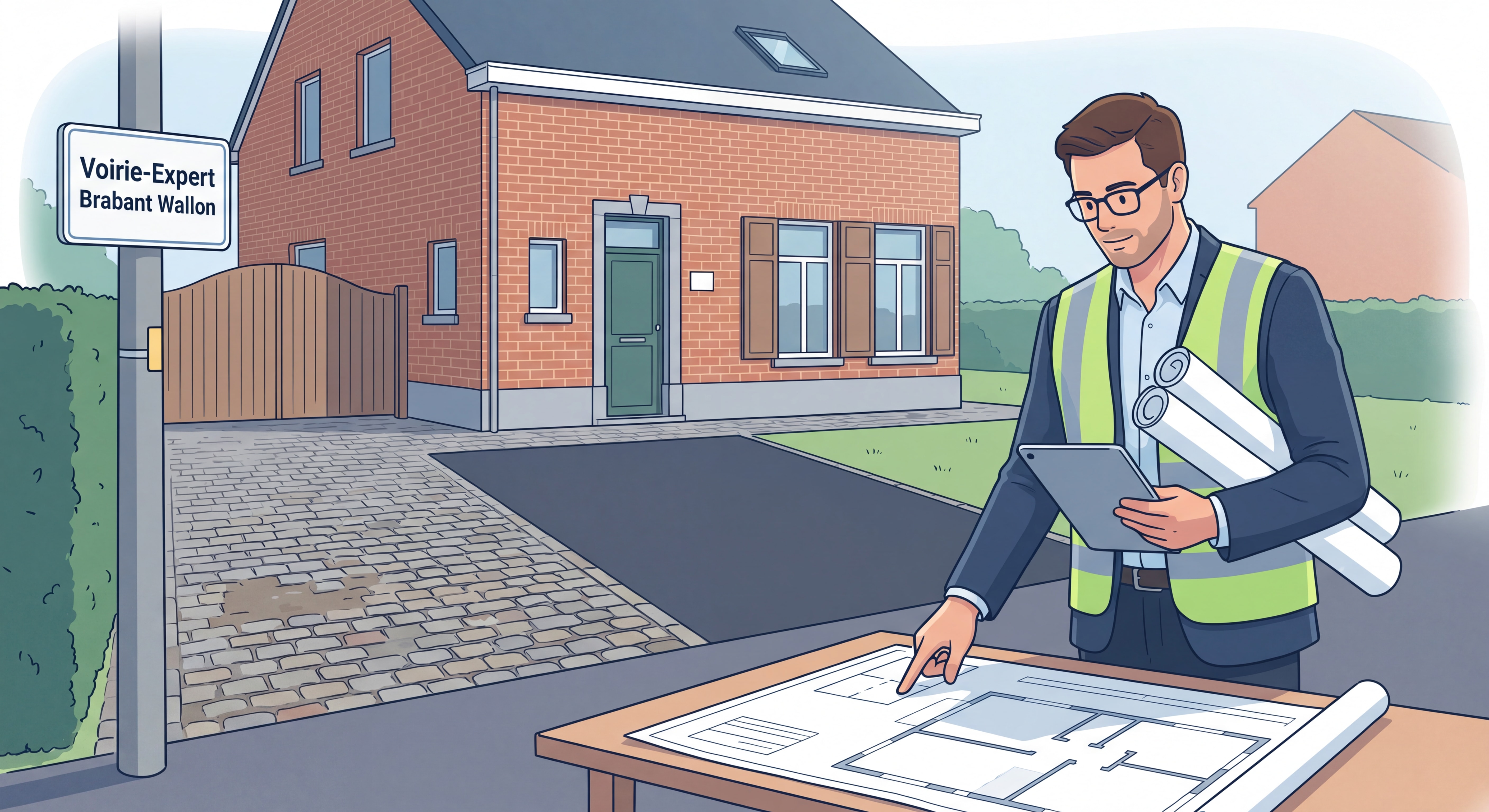 Expert en voirie résidentielle analysant des plans d'allée devant une maison belge avec pavés et enrobé, Brabant wallon Belgique
