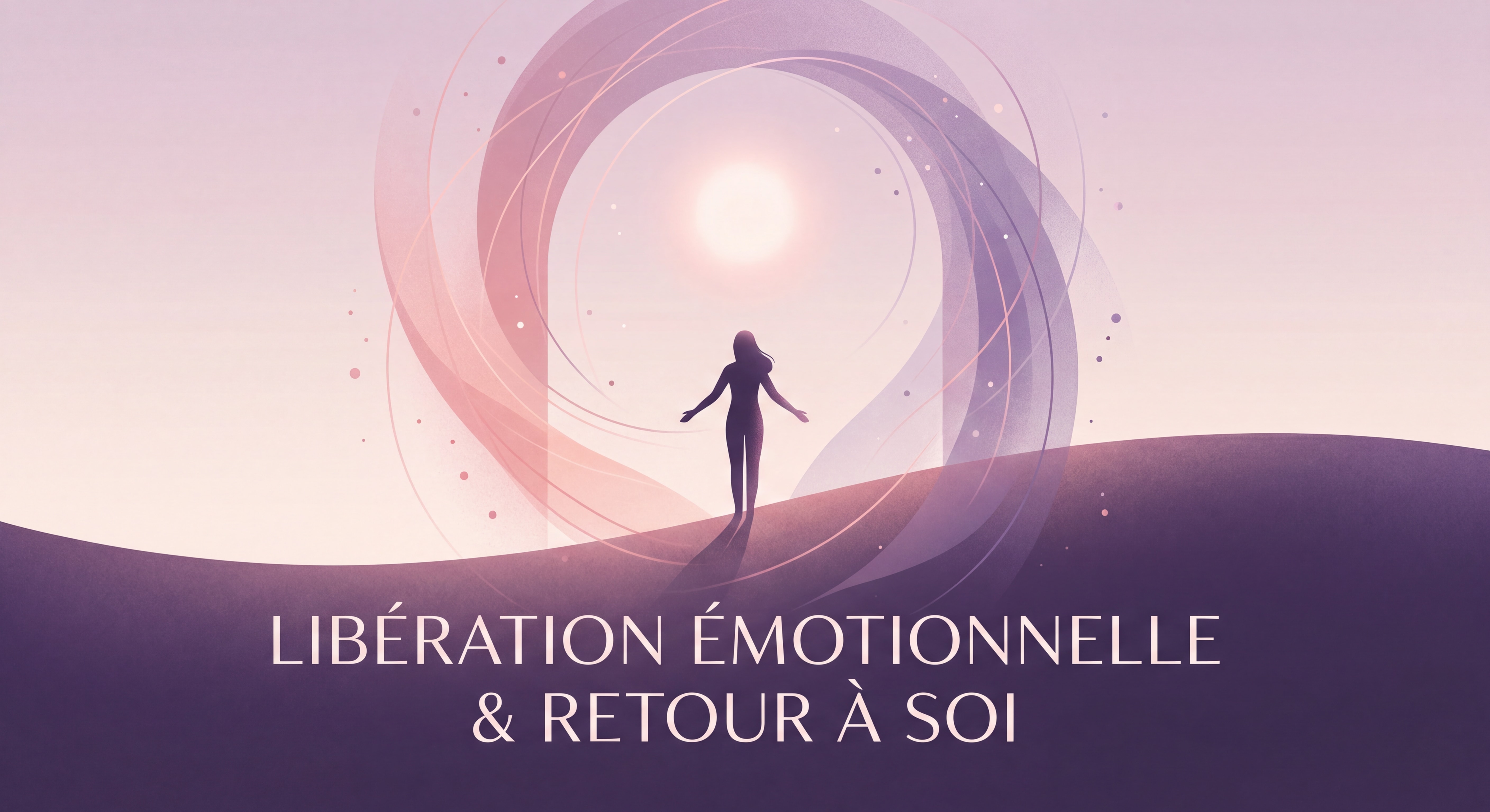 Silhouette humaine baignée dans une lumière douce et apaisante, symbolisant la libération émotionnelle et le retour à soi — palette rose et violet