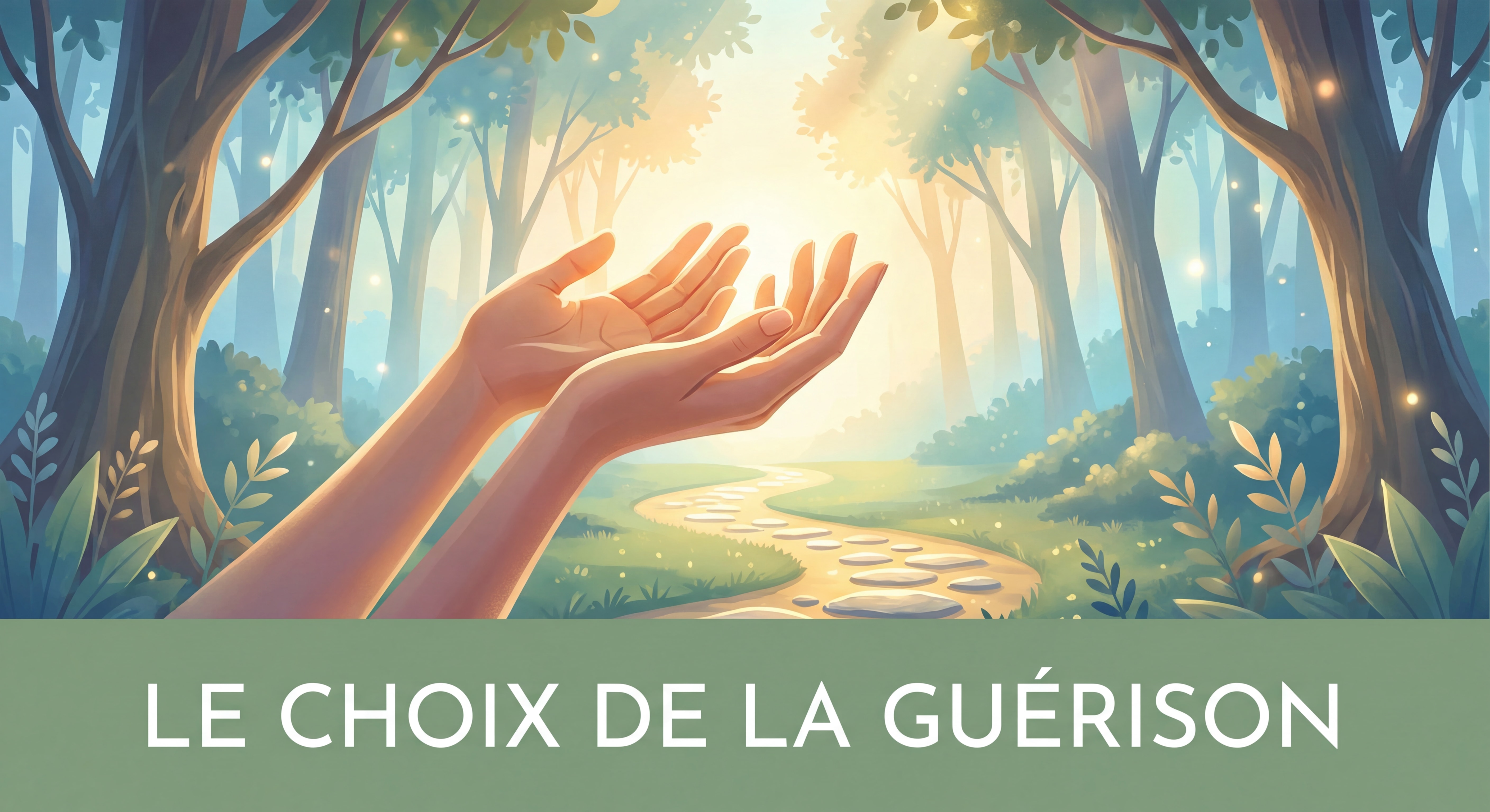 Mains tendues vers la lumière dans un environnement naturel apaisant, symbolisant le choix et le chemin vers la guérison émotionnelle