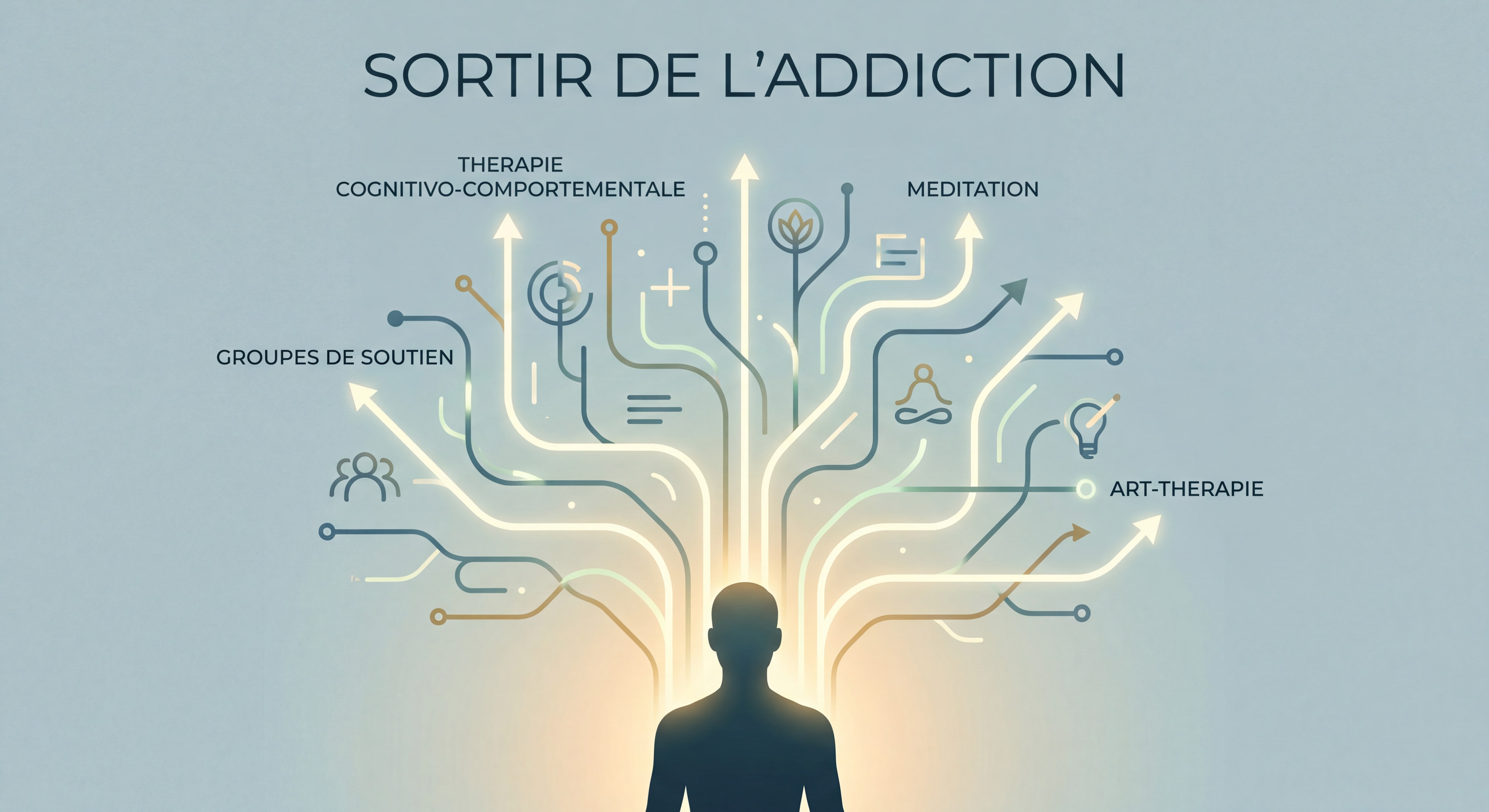 Silhouette humaine baignée dans une lumière douce, entourée de plusieurs chemins lumineux symbolisant les choix thérapeutiques pour sortir de l'addiction