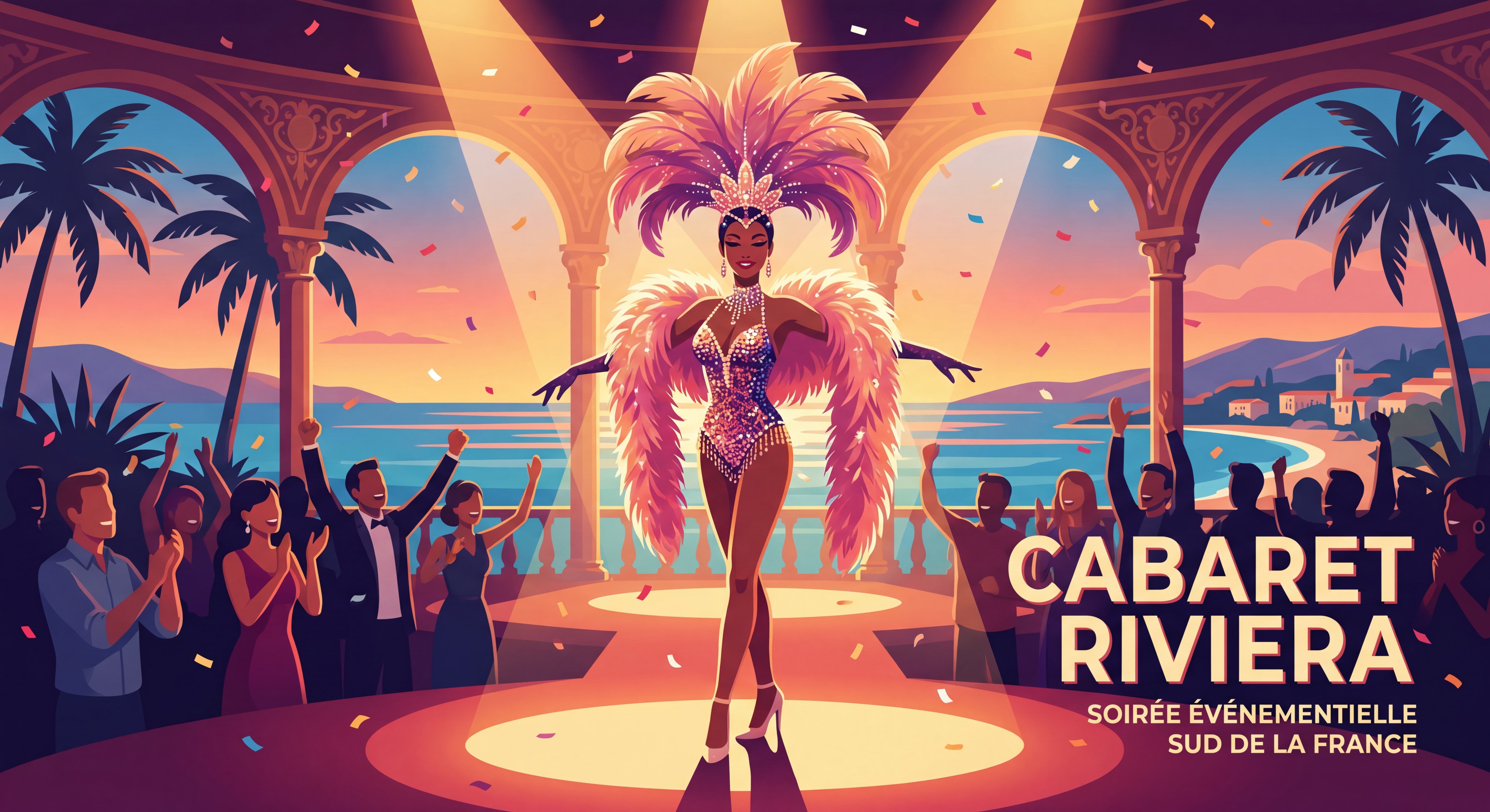 Artiste de cabaret en costume pailleté sur scÚne lors d'une soirée événementielle dans le Sud de la France, plumes et strass, ambiance festive et glamour