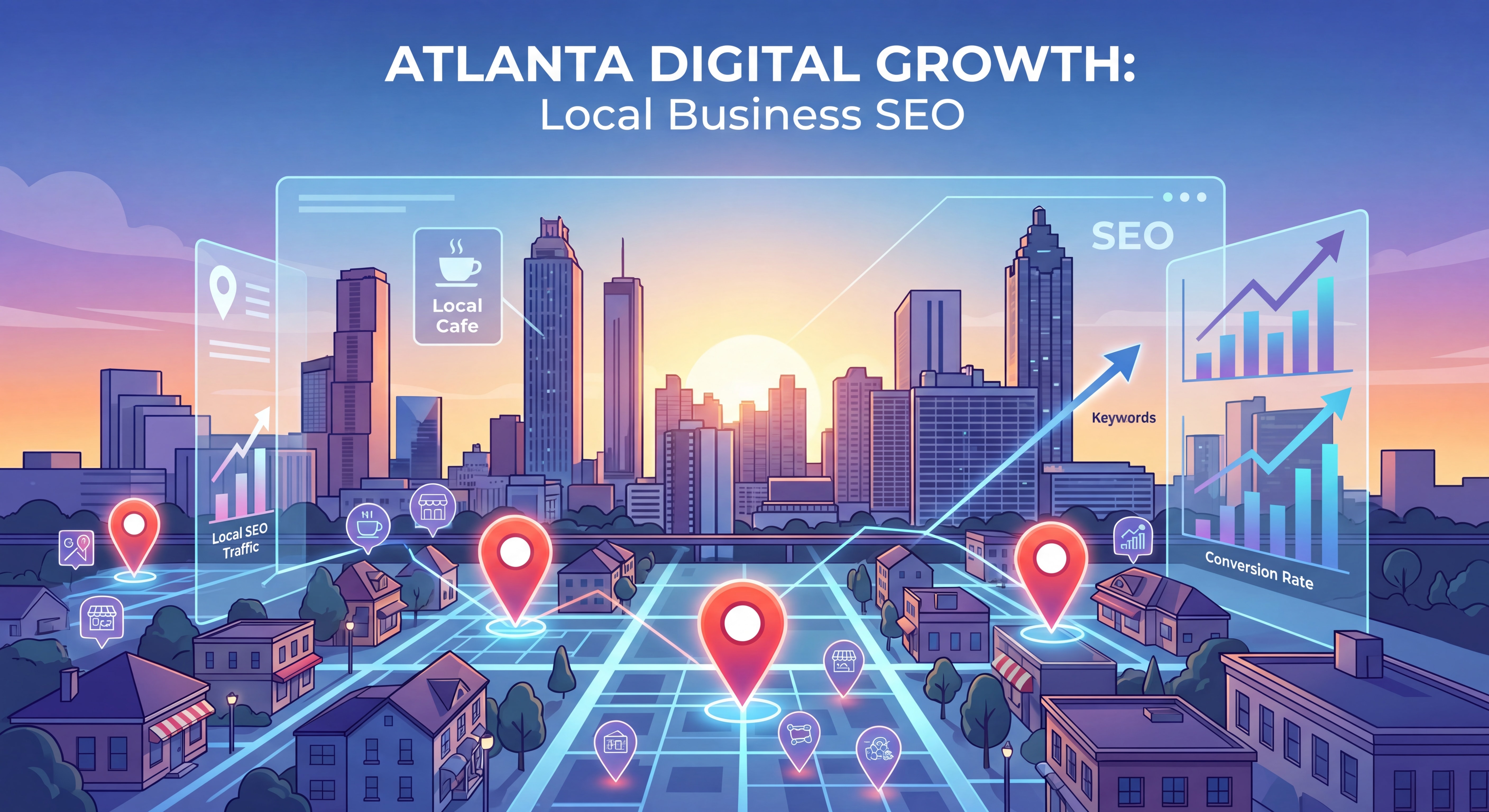 Atlanta skyline with digital marketing overlay showing Google Maps pins and SEO growth charts for local businesses