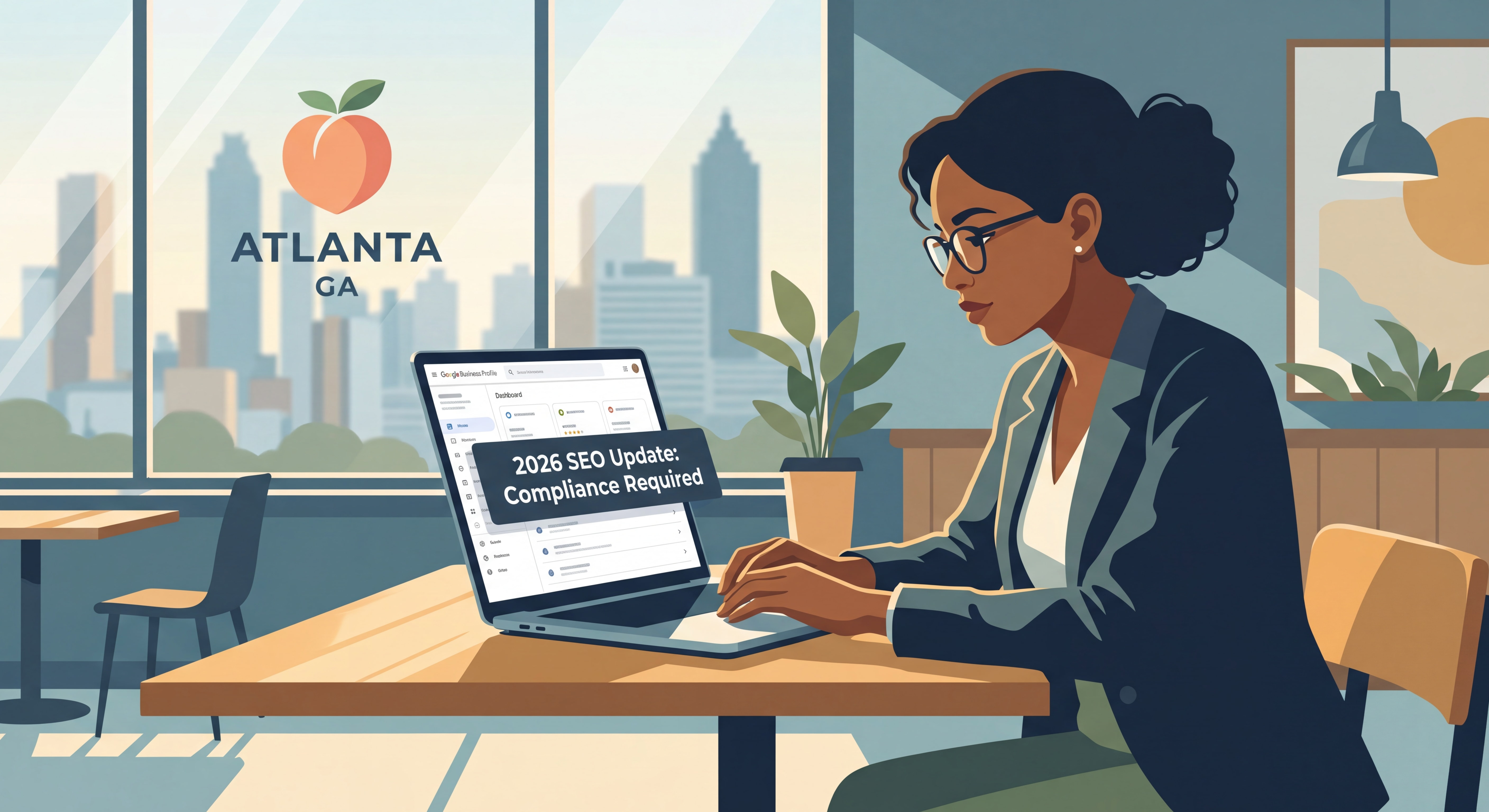 Atlanta small business owner reviewing Google Business Profile on laptop after 2026 SEO crackdown update