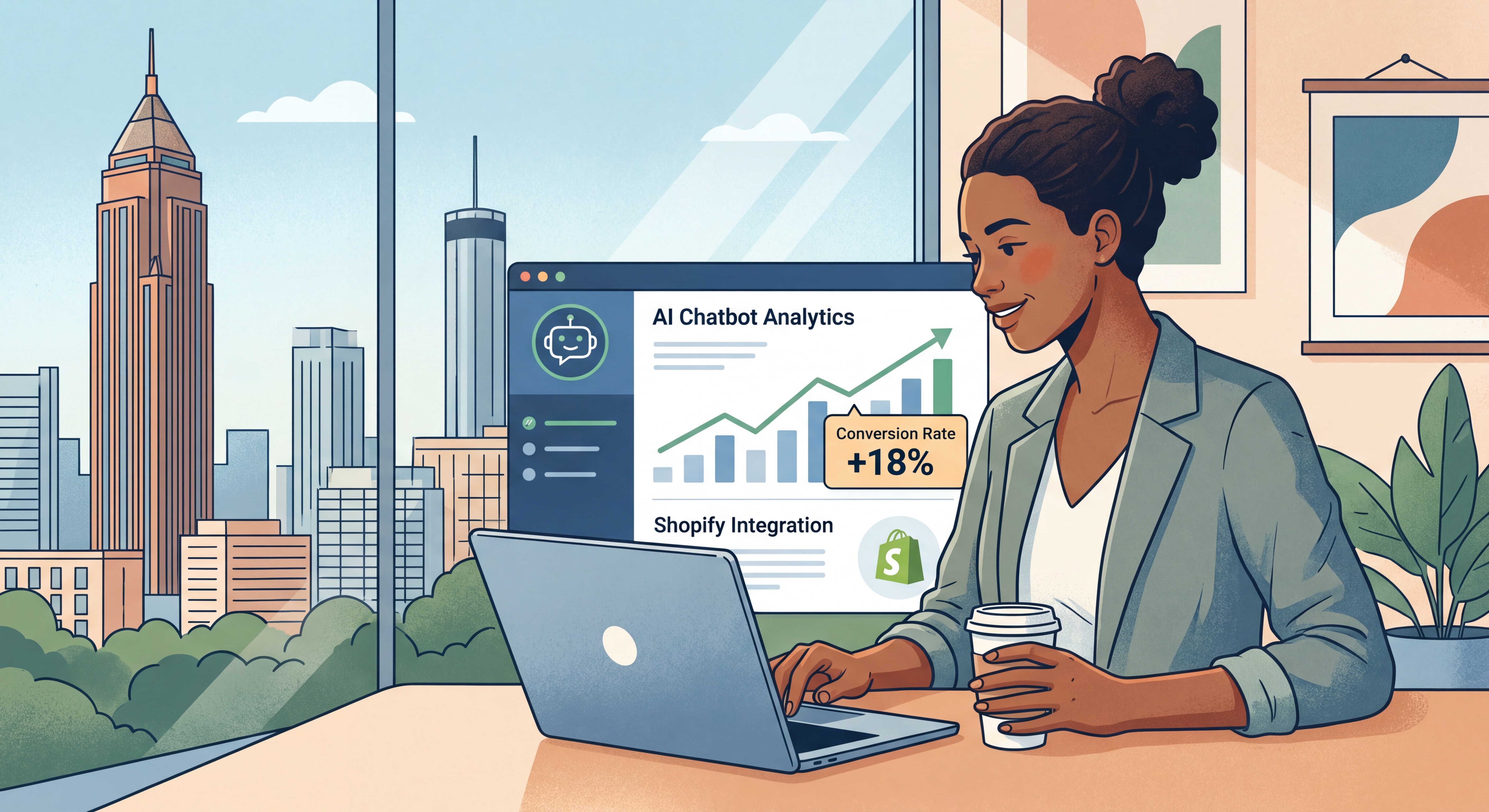 Atlanta small business owner reviewing AI chatbot analytics on a laptop showing conversion rate improvements for Shopify website