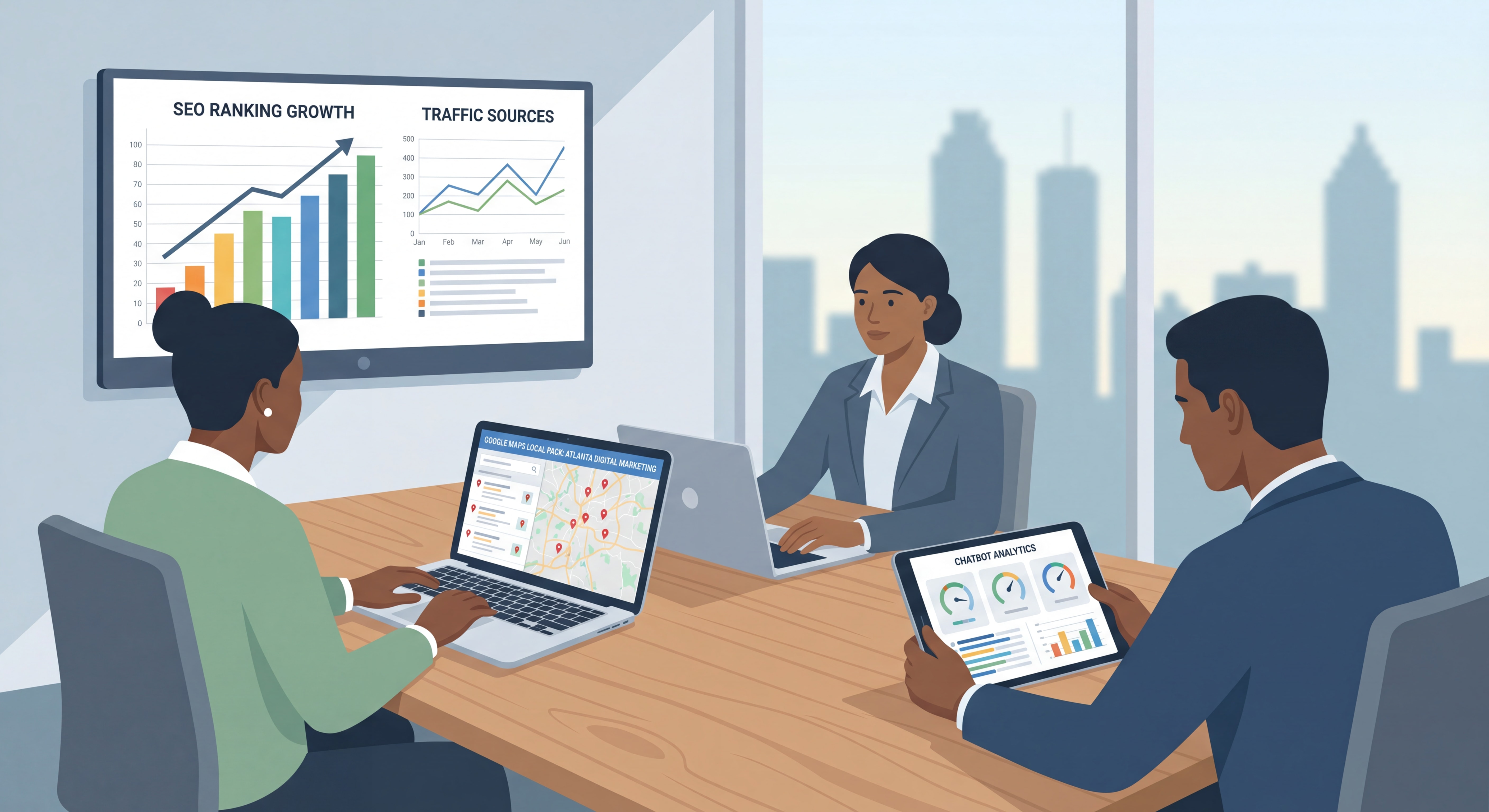 Atlanta digital marketing strategy session showing SEO ranking charts, Google Maps local pack results, and chatbot analytics dashboard