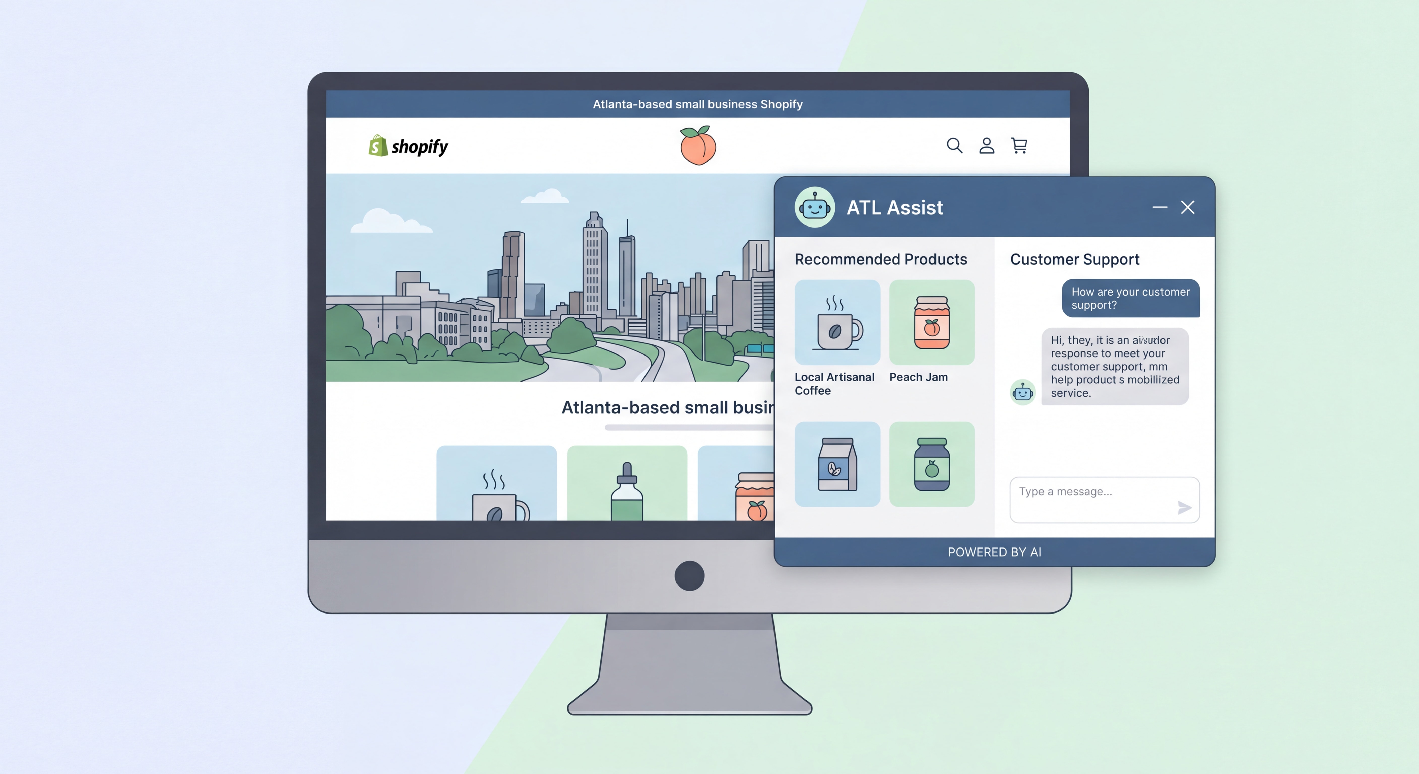 AI chatbot interface on Atlanta small business Shopify website showing product recommendations and customer support conversation