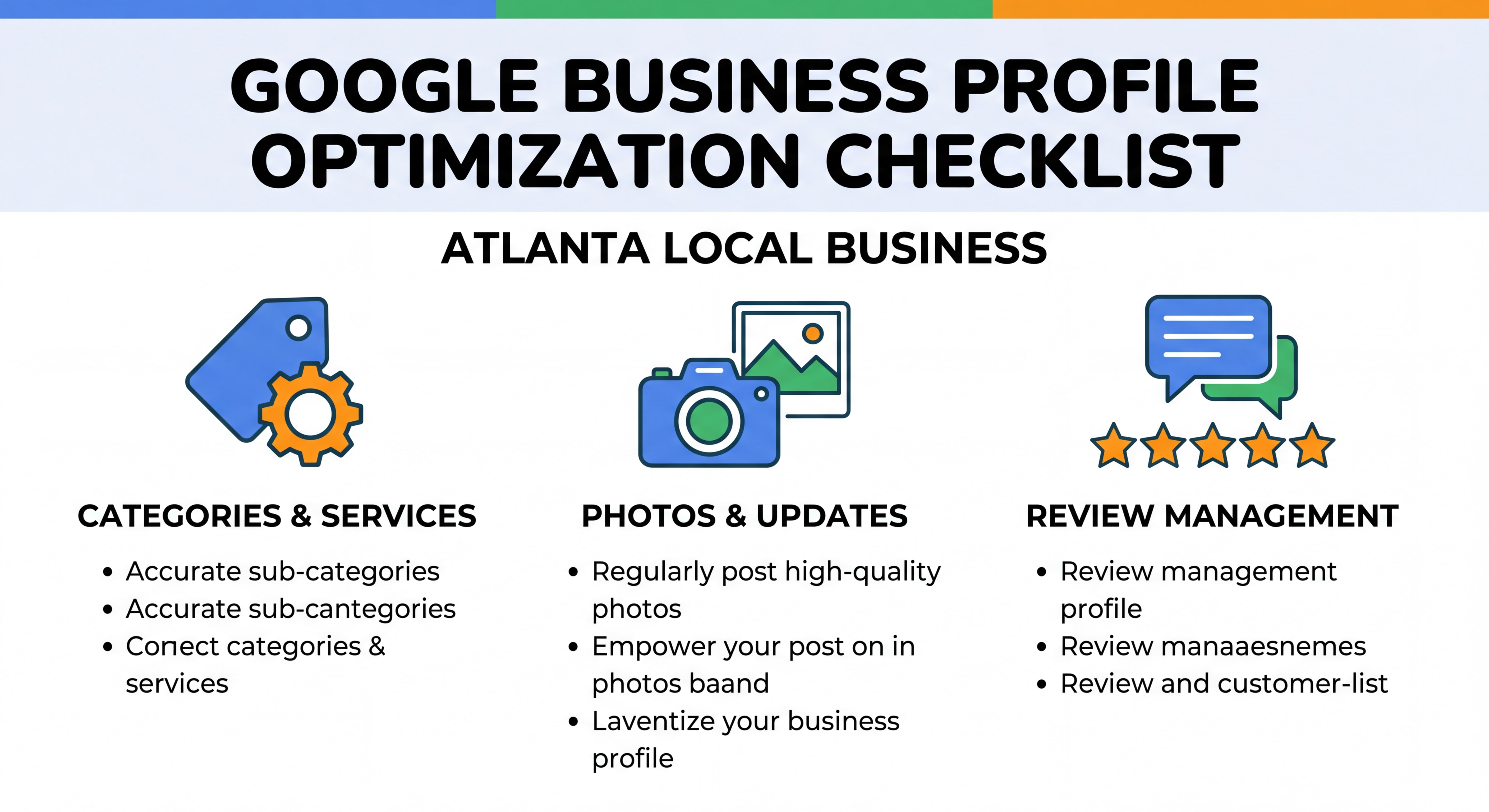 Google Business Profile optimization checklist for Atlanta local business showing categories, photos, and review management
