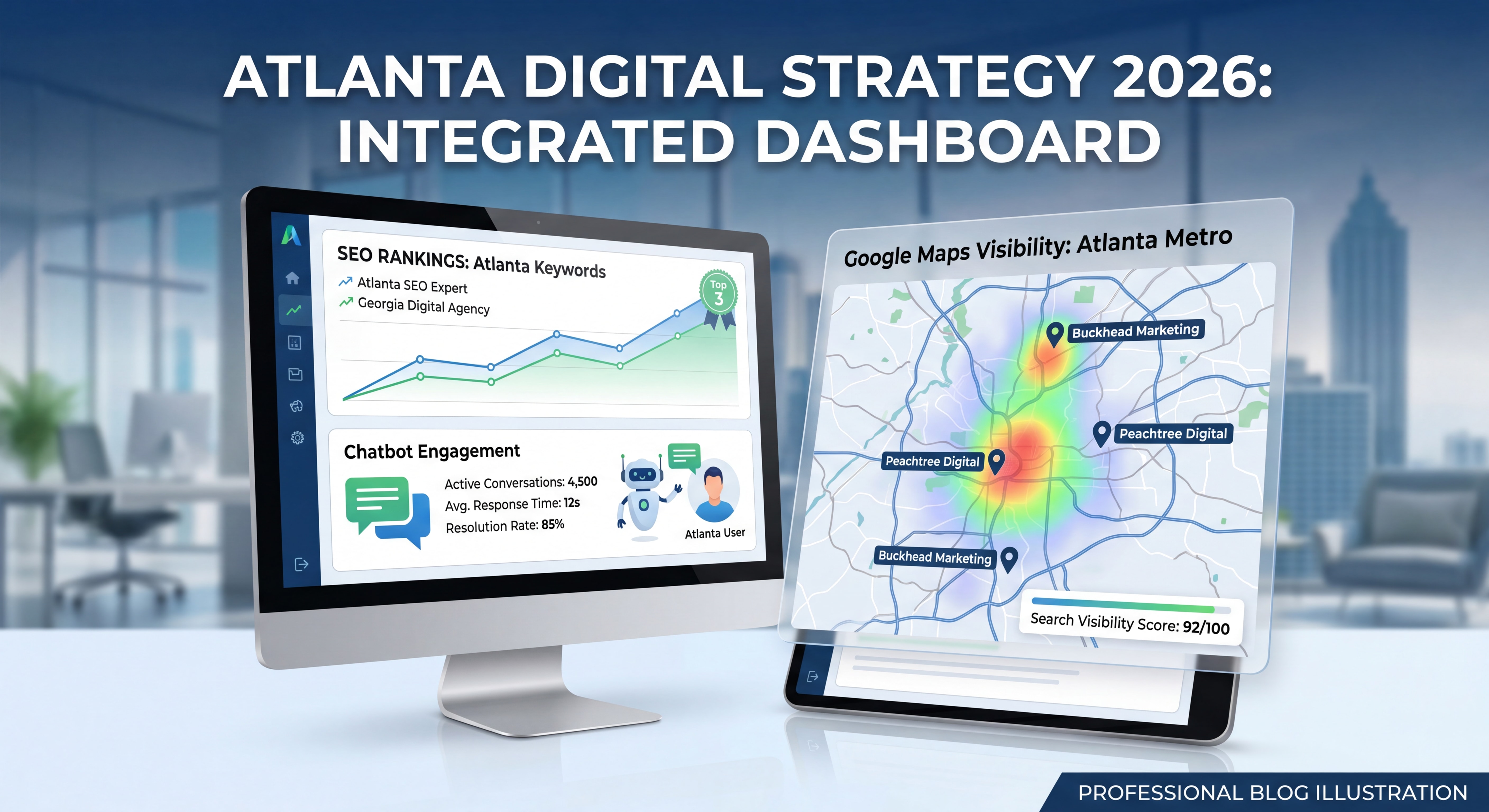 Atlanta digital marketing strategy dashboard showing SEO rankings, chatbot engagement metrics, and Google Maps visibility in 2026