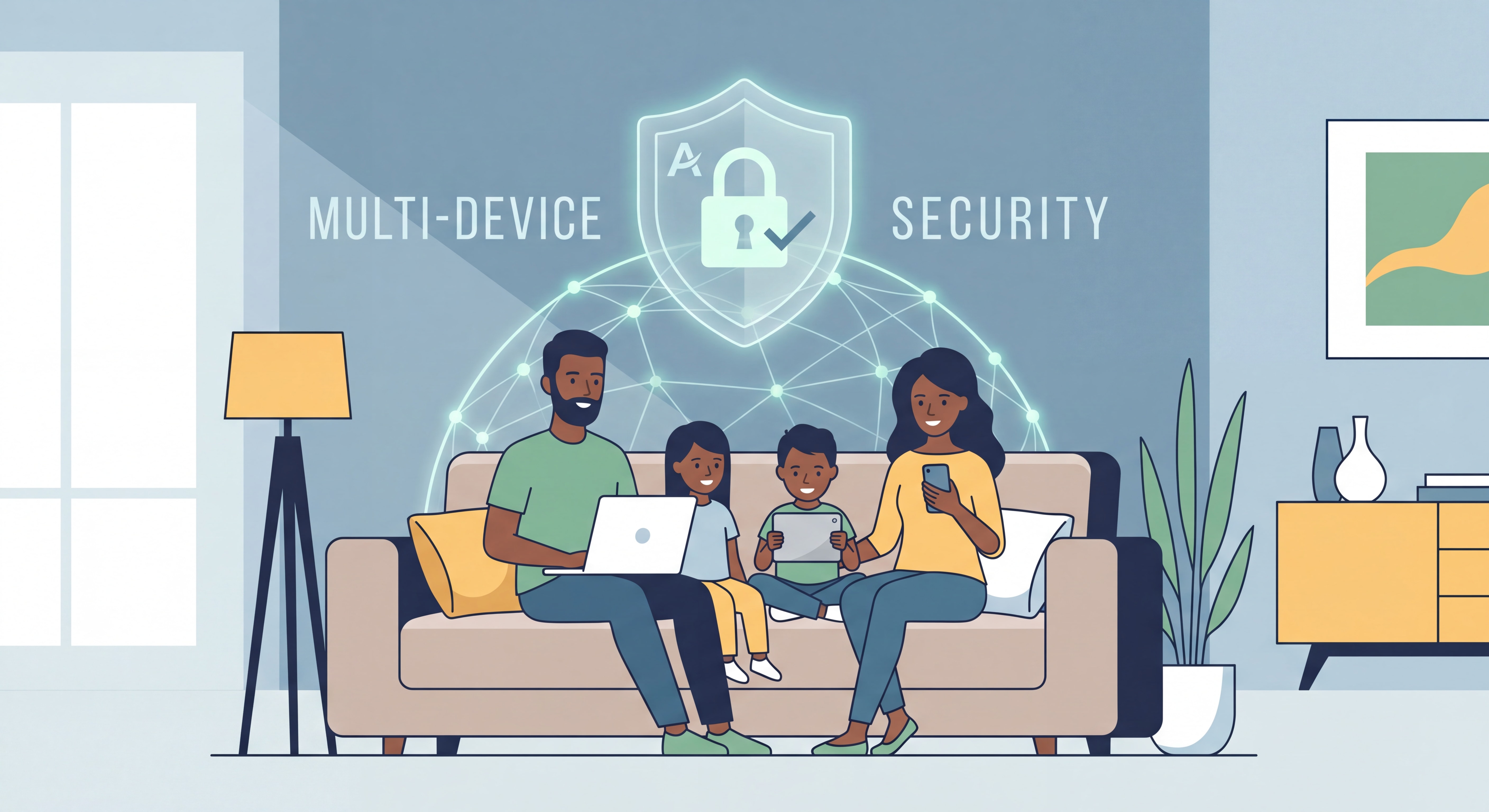 Famille utilisant ordinateur portable, tablette et smartphone à la maison, protégés par un antivirus multi-appareils