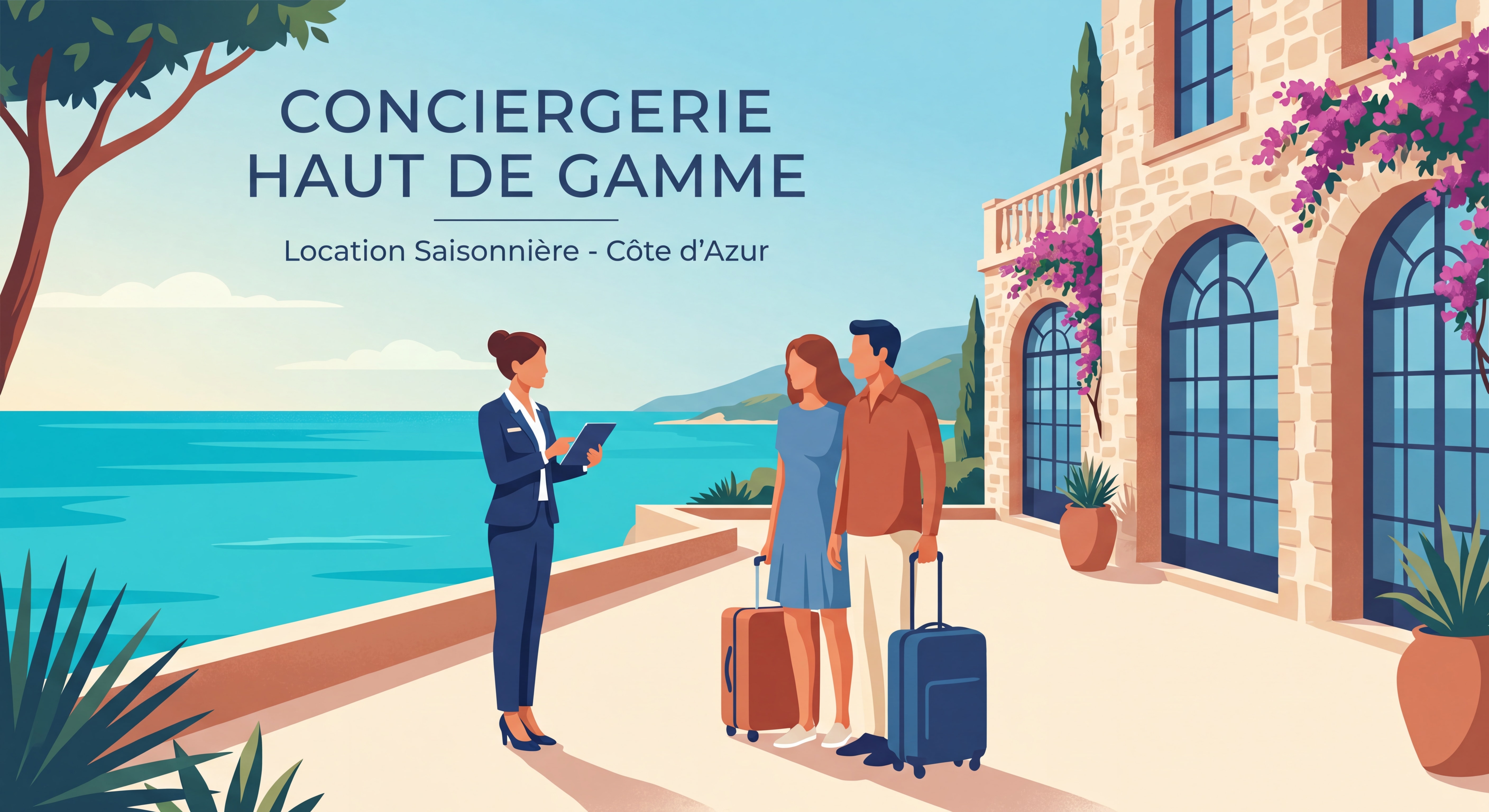 Conciergerie haut de gamme accueillant des voyageurs dans une villa méditerranéenne sur la Côte d'Azur, service personnalisé location saisonnière