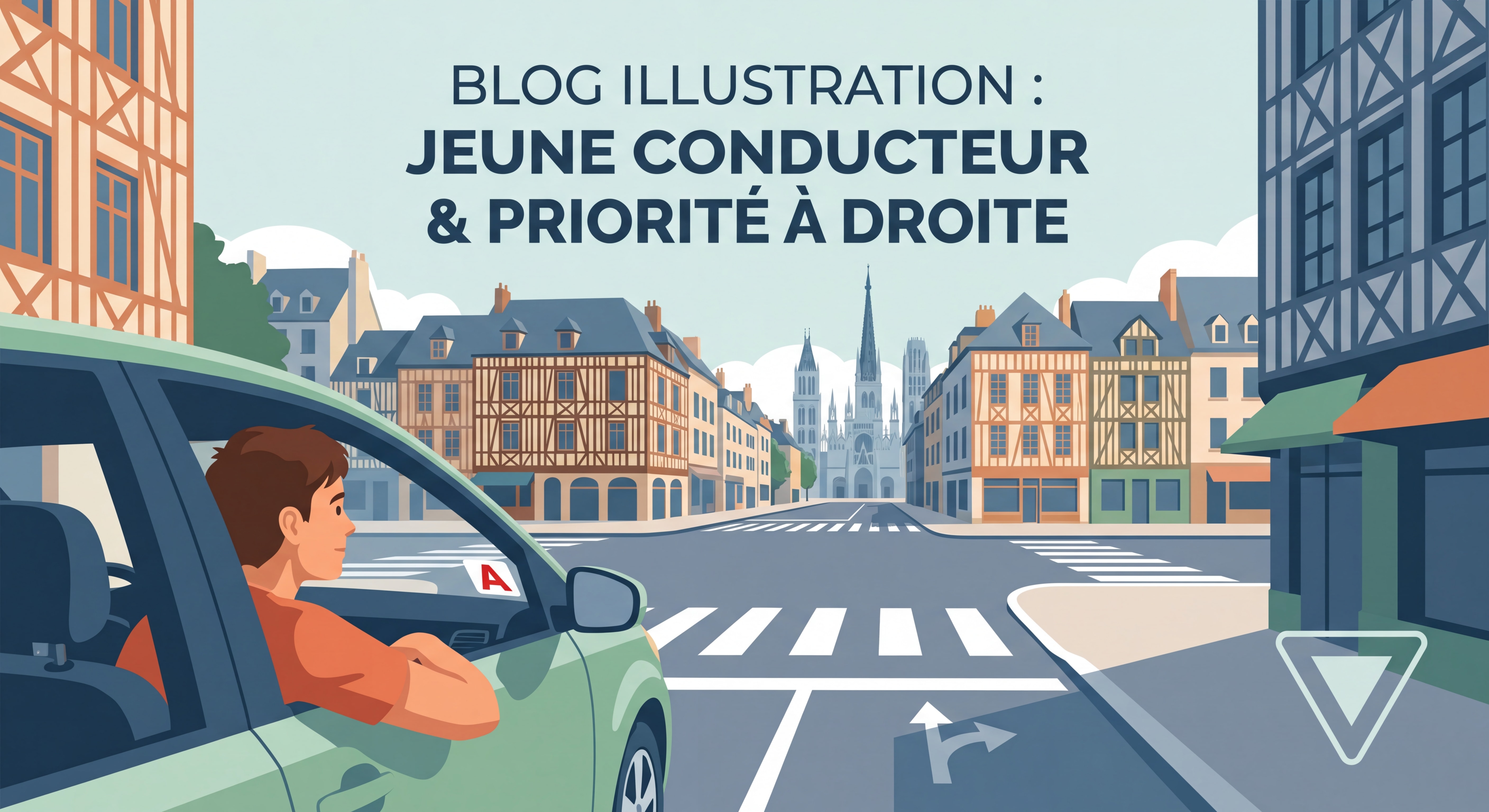 Jeune conducteur apprenti au volant observant une intersection urbaine sans signalisation à Rouen, priorité à droite