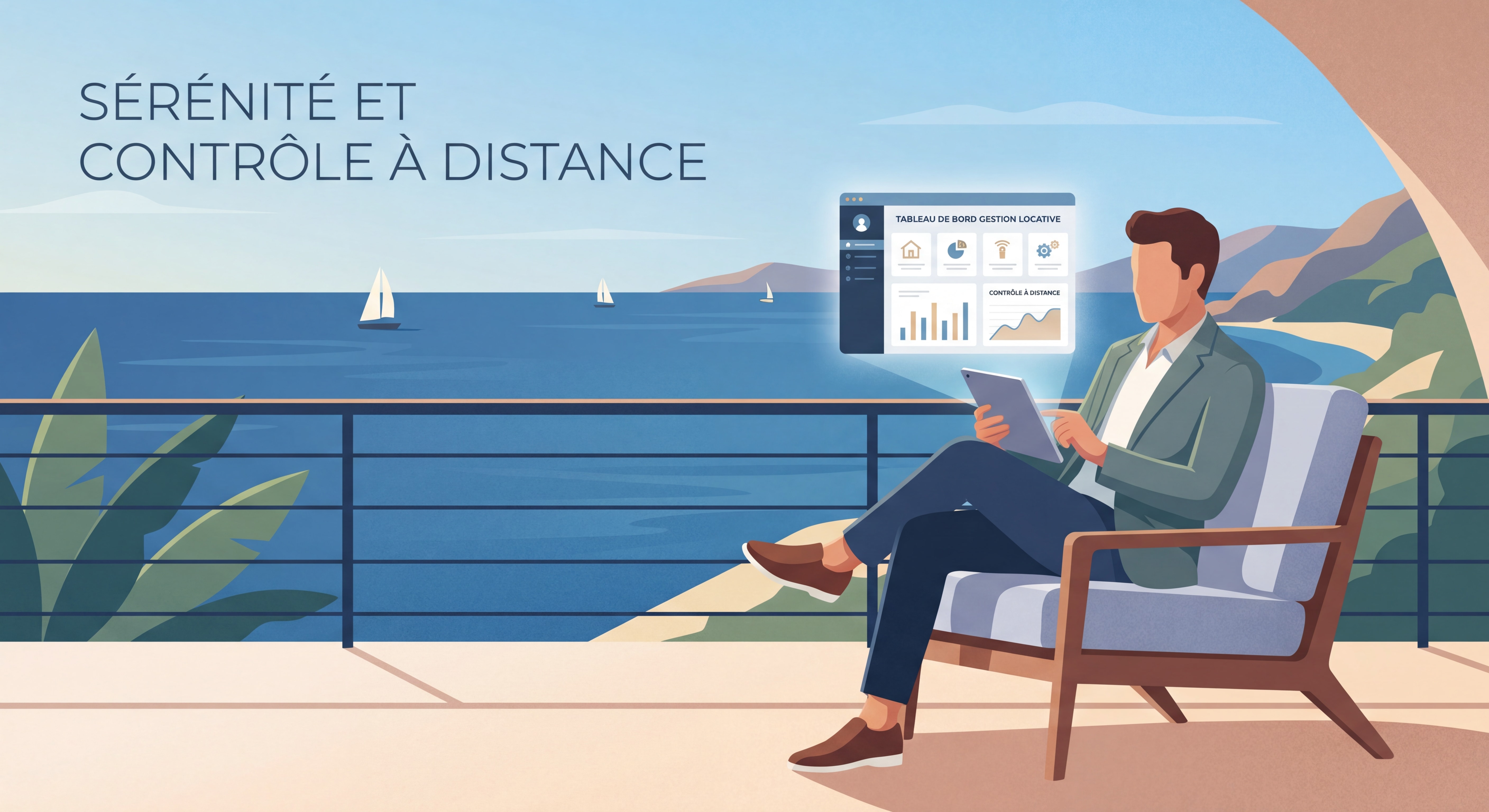 Propriétaire consultant son tableau de bord de gestion locative sur tablette, avec vue sur la mer en arrière-plan, symbole de la sérénité et du contrôle à distance